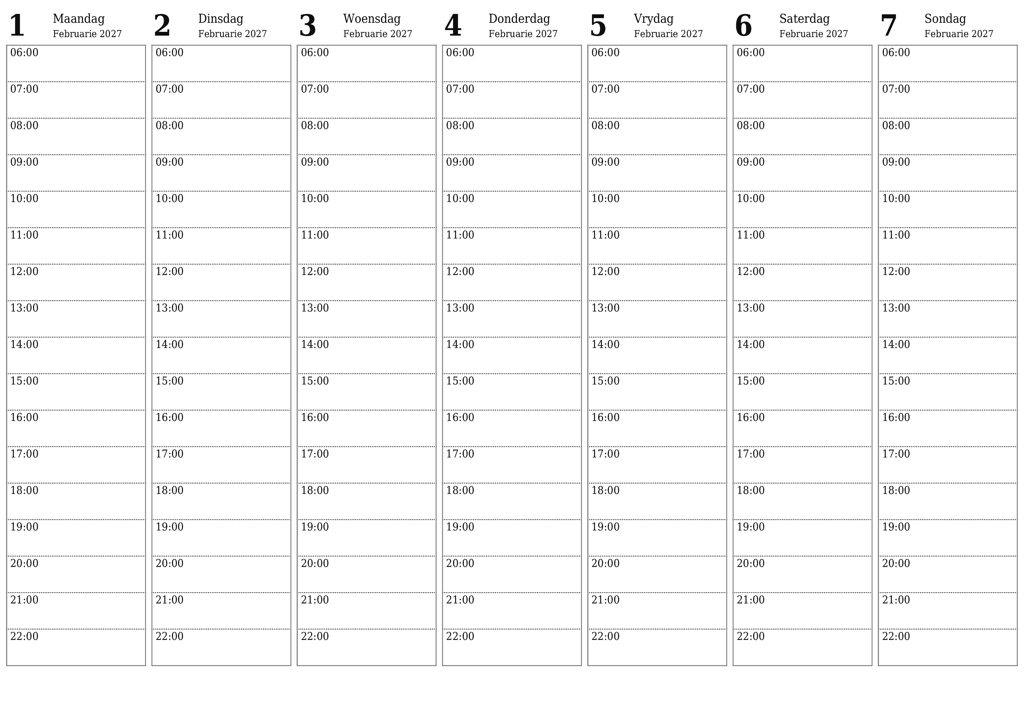 Leë weeklikse drukbare kalender en beplanner vir week Februarie 2027 met notas, stoor en druk na PDF PNG Afrikaans