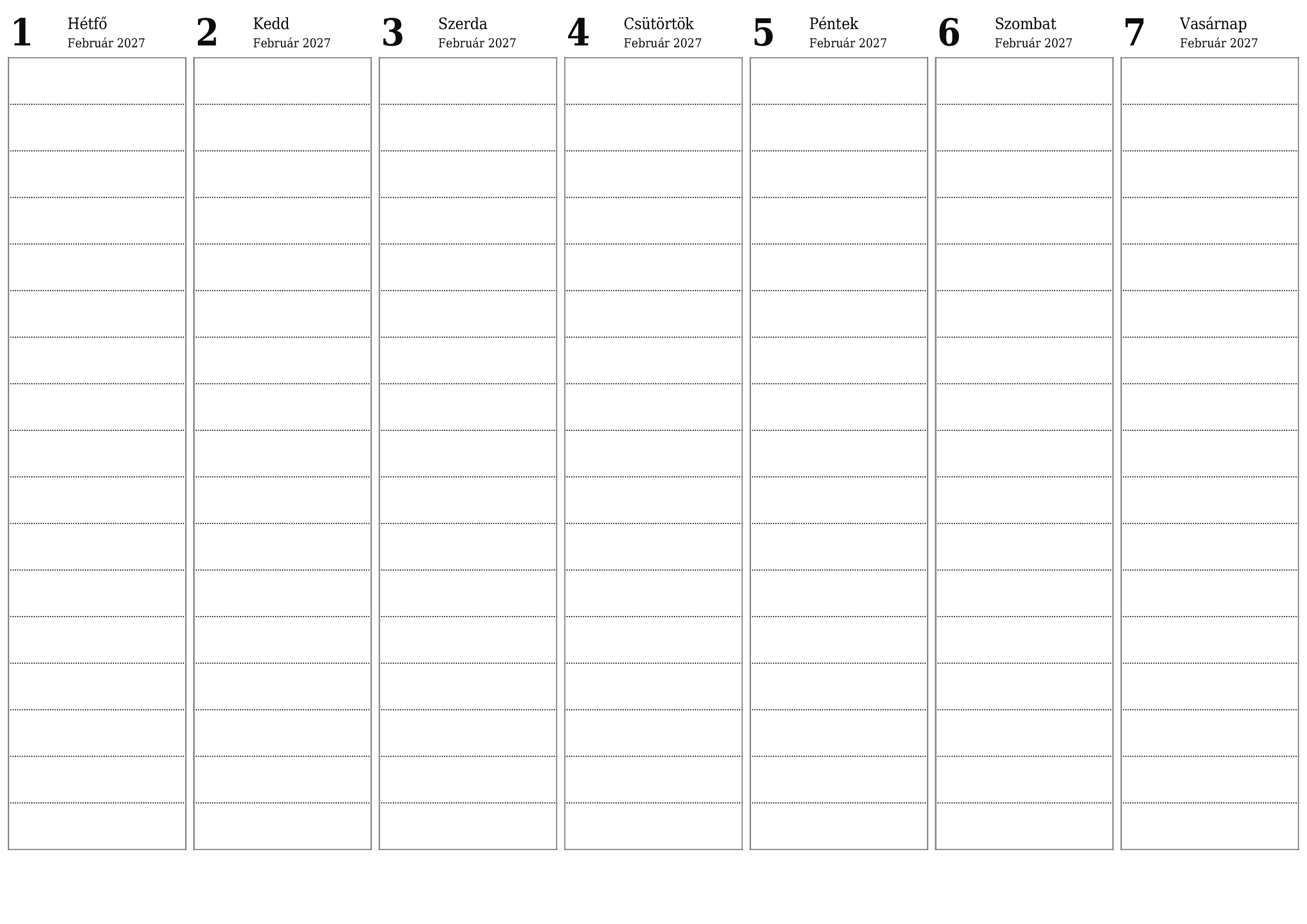 Heti tervező ürítése hetekre Február 2027 jegyzetekkel, mentés és nyomtatás PDF-be PNG Hungarian