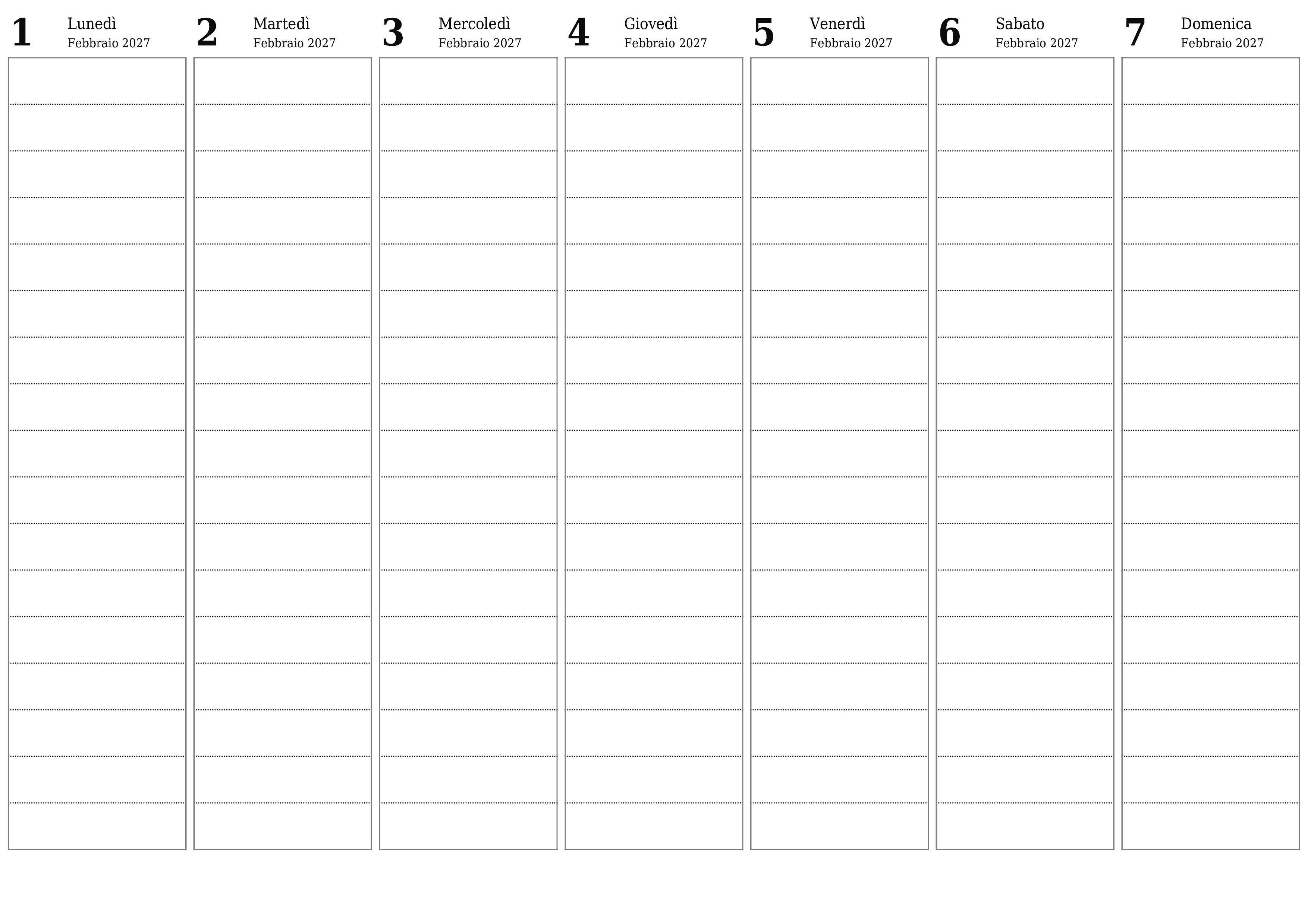 Agenda settimanale vuota per settimane Febbraio 2027 con note, salva e stampa in PDF PNG Italian