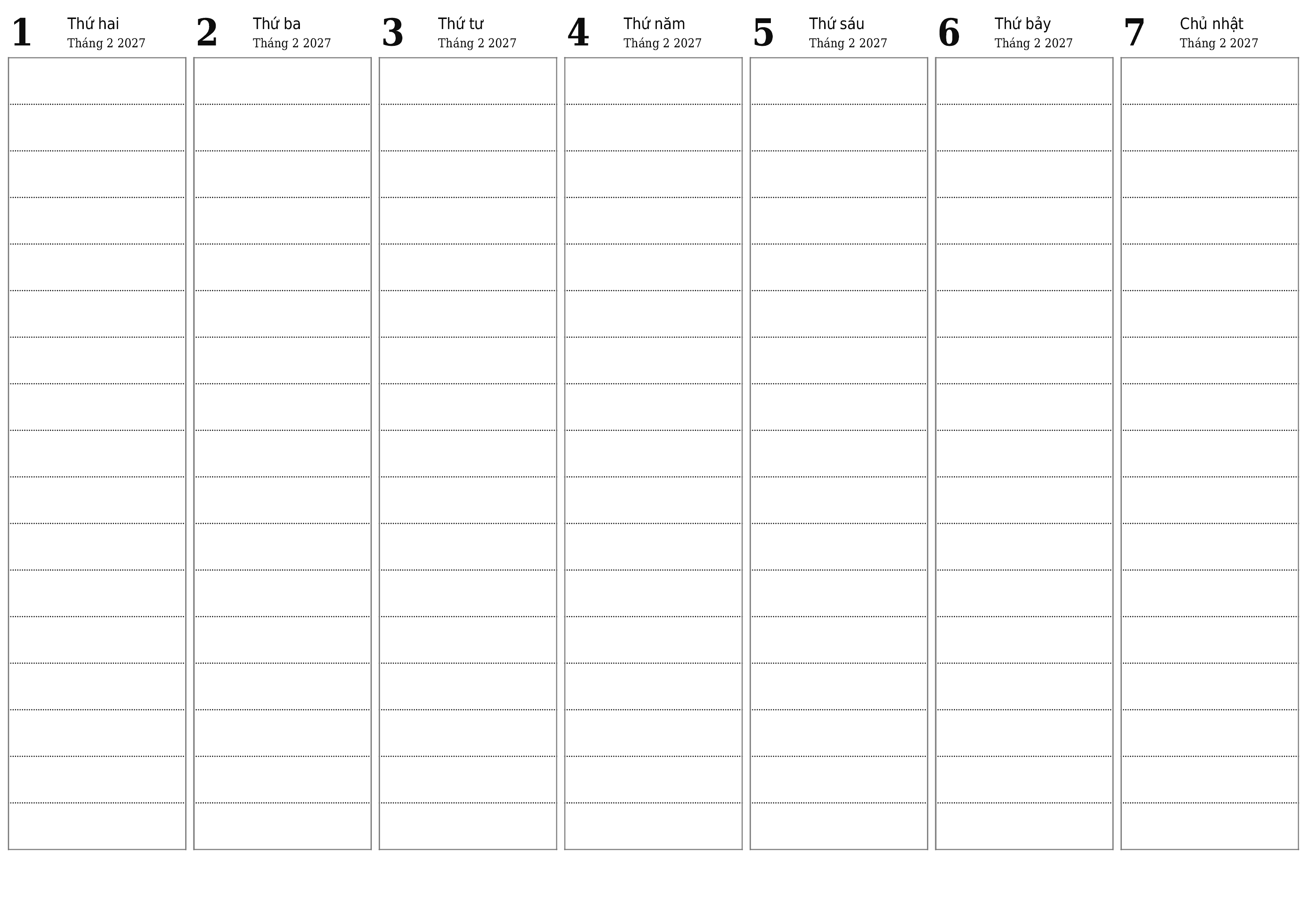 Công cụ lập kế hoạch hàng tuần trống trong tuần Tháng 2 2027 có ghi chú, lưu và in sang PDF PNG Vietnamese