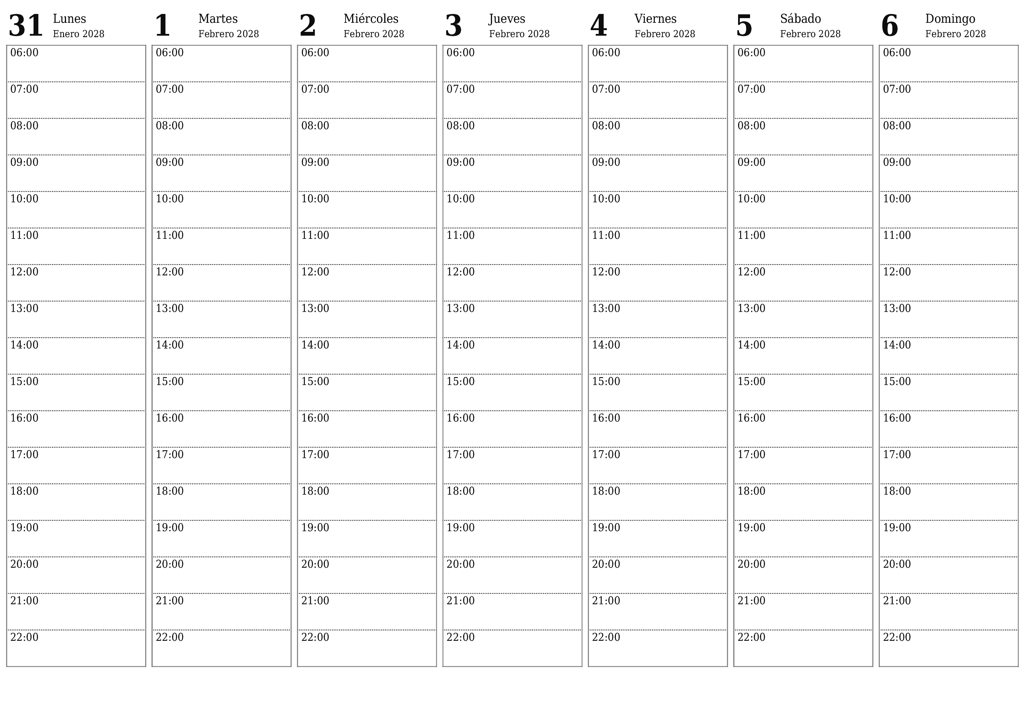 Planificador semanal vacío para semanas Febrero 2028 con notas, guardar e imprimir en PDF PNG Spanish