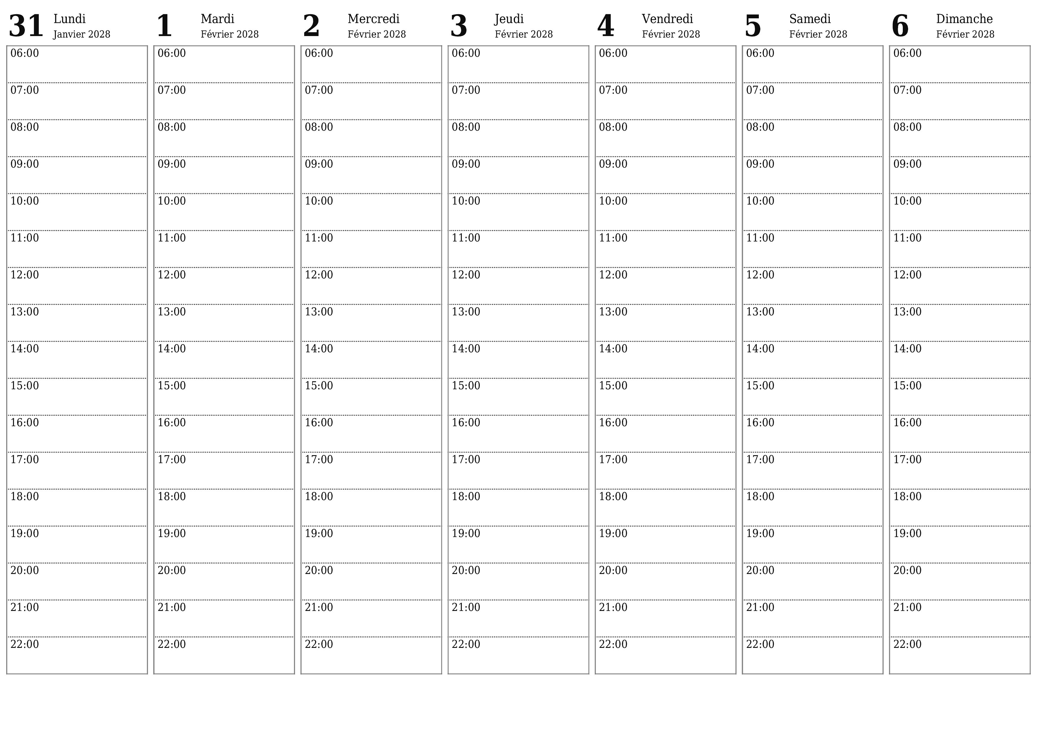 Agenda hebdomadaire vide pendant des semaines Février 2028 avec notes, enregistrez et imprimez au format PDF PNG French