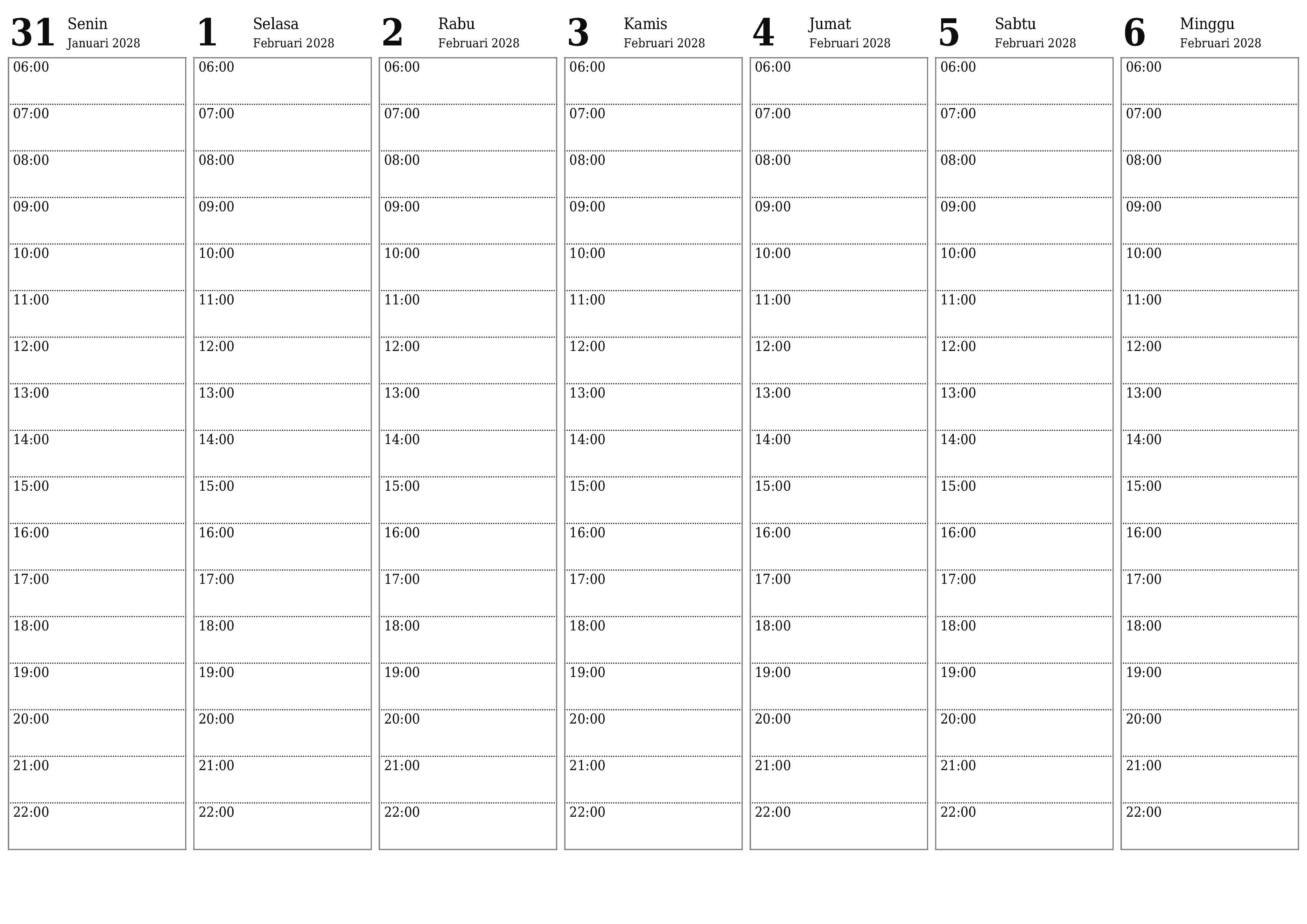 Kosongkan agenda mingguan untuk minggu Februari 2028 dengan catatan, simpan dan cetak ke PDF PNG Indonesian