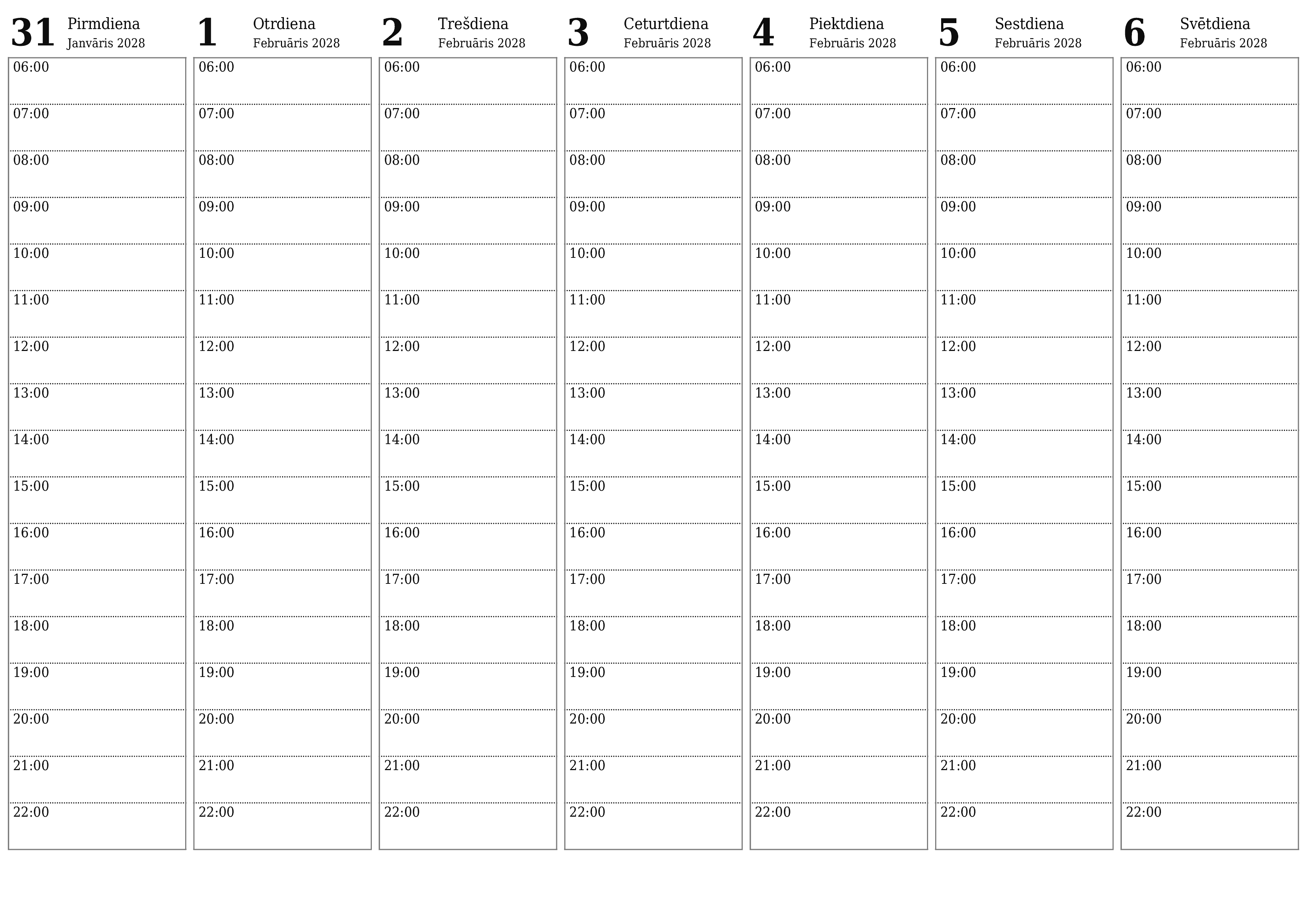 Iztukšojiet nedēļas plānotāju nedēļām Februāris 2028 ar piezīmēm, saglabājiet un izdrukājiet PDF formātā PNG Latvian