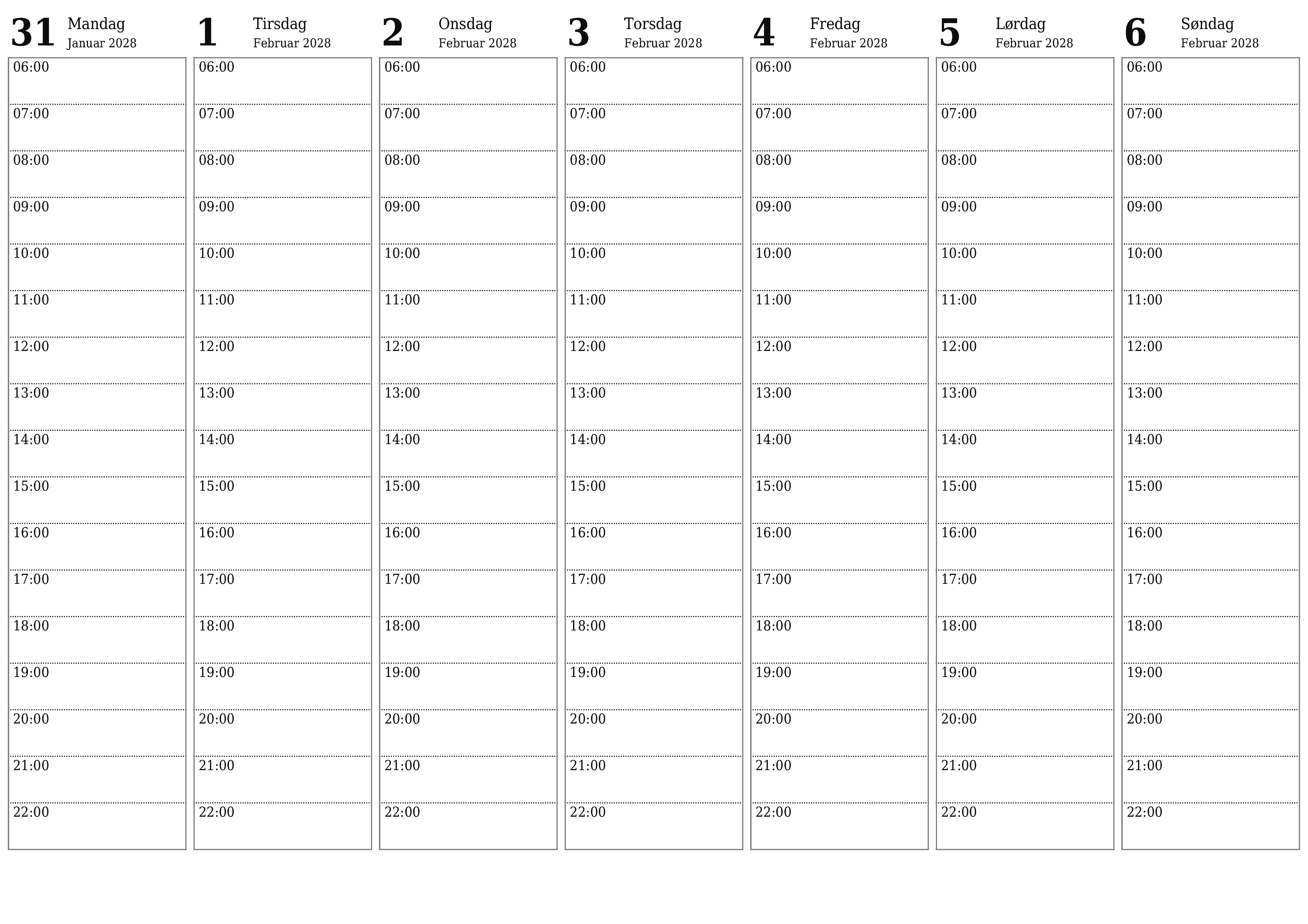 Tøm ukentlig planlegger i uker Februar 2028 med notater, lagre og skriv ut i PDF PNG Norwegian