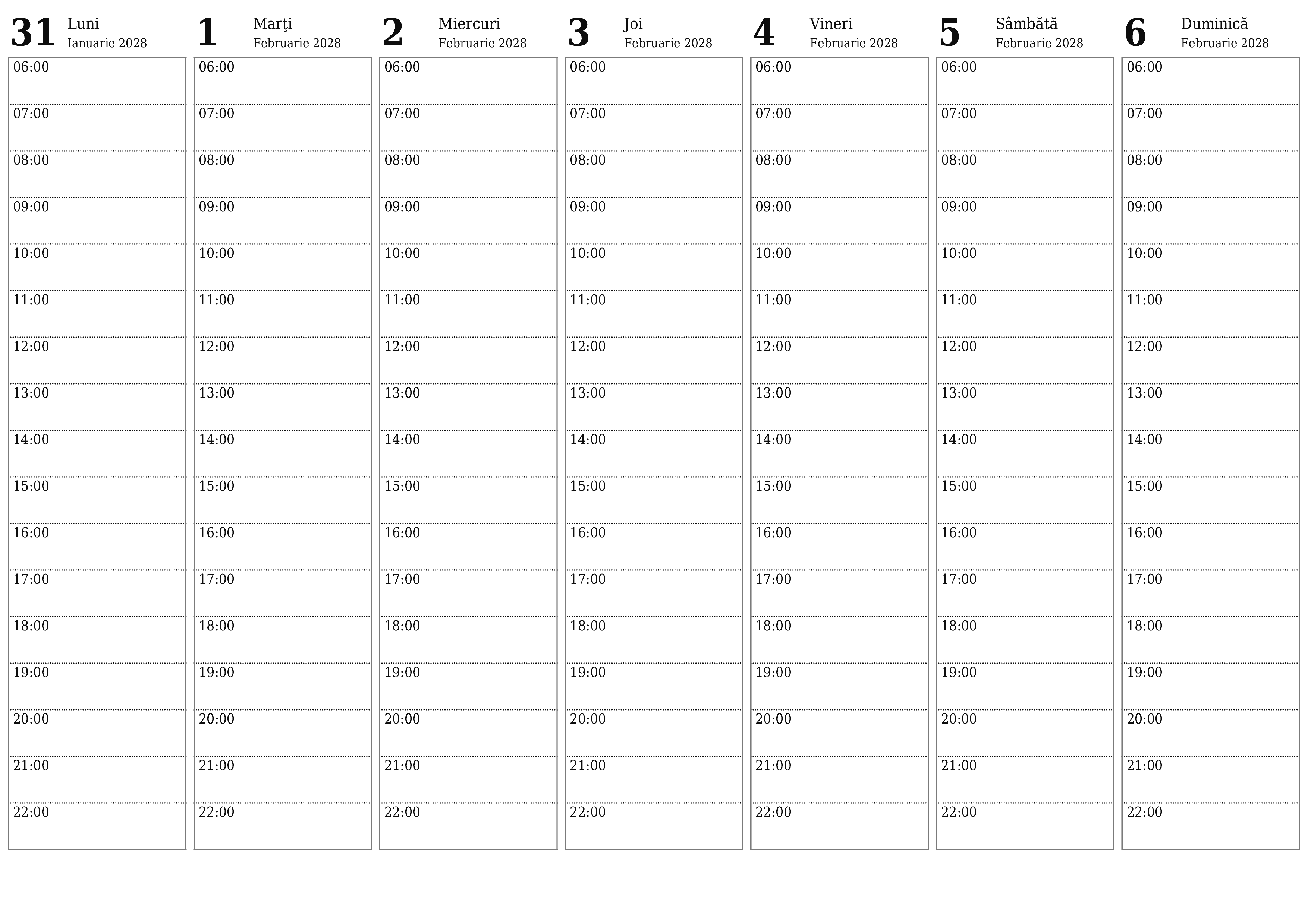 Planificator săptămânal gol pentru săptămâni Februarie 2028 cu note, salvați și tipăriți în PDF PNG Romanian