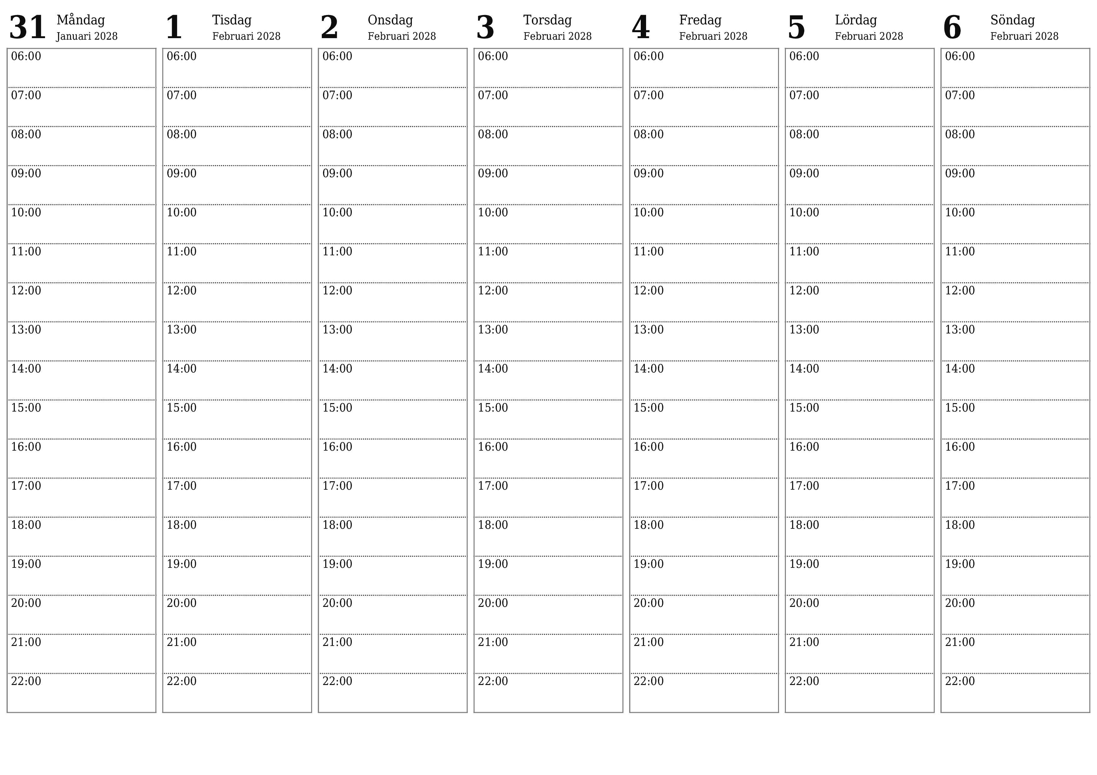 Töm veckoplaneraren i veckor Februari 2028 med anteckningar, spara och skriv ut till PDF PNG Swedish