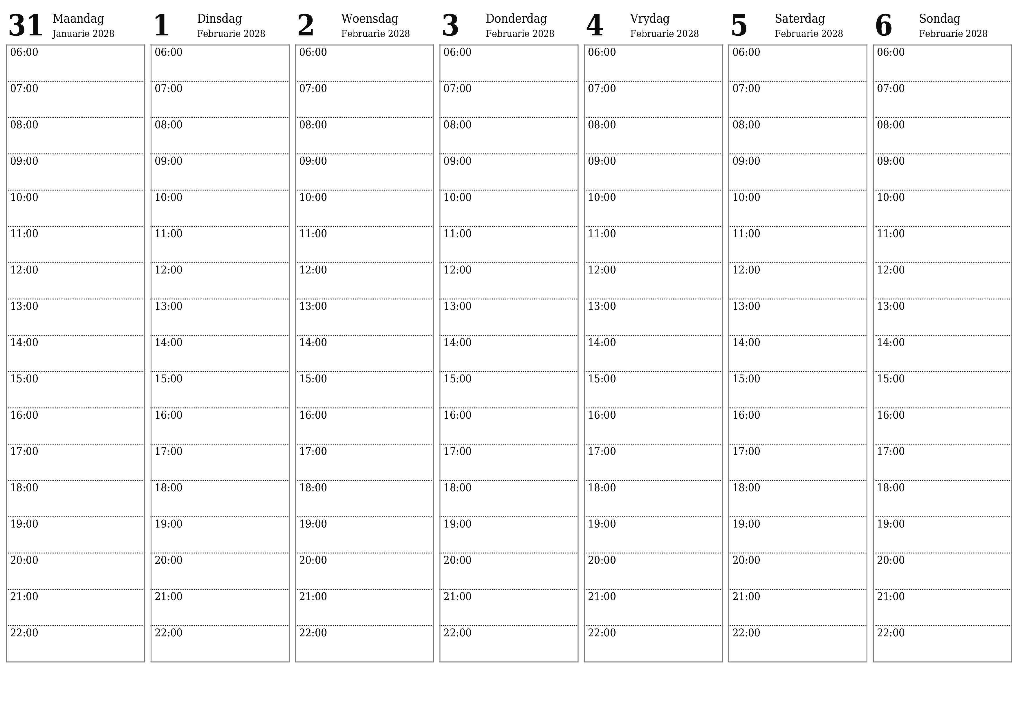 Leë weeklikse drukbare kalender en beplanner vir week Februarie 2028 met notas, stoor en druk na PDF PNG Afrikaans