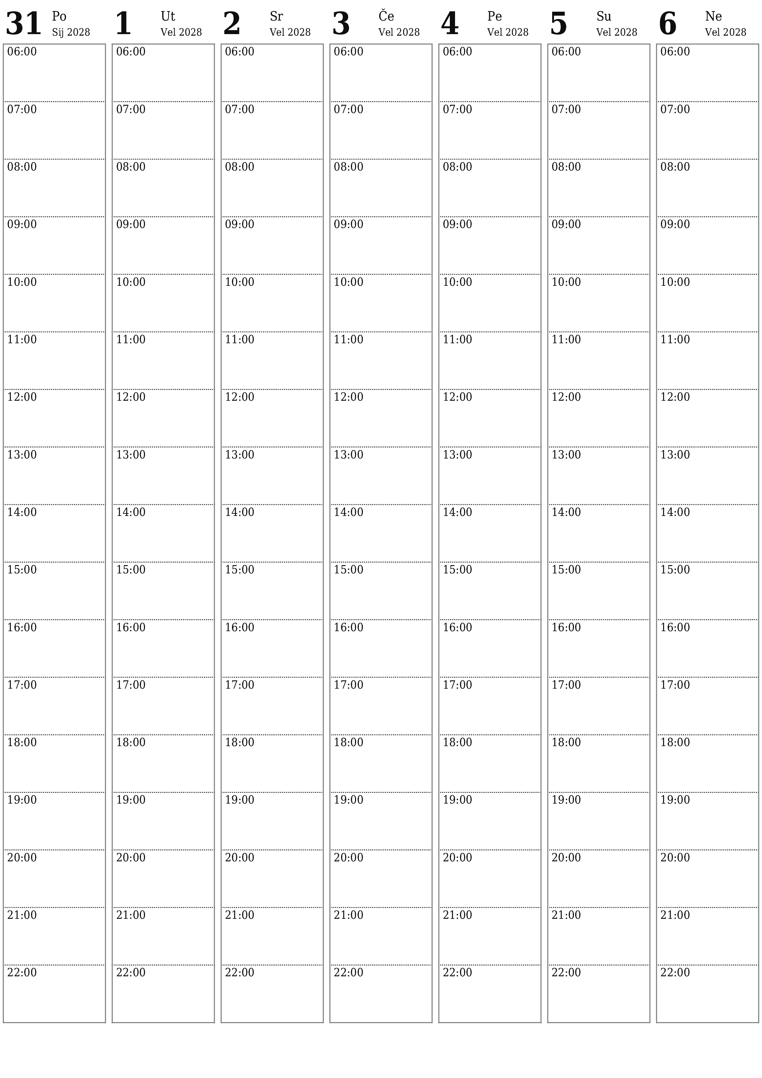 Ispraznite tjedni planer za tjedne Veljača 2028 s bilješkama, spremite i ispišite u PDF PNG Croatian