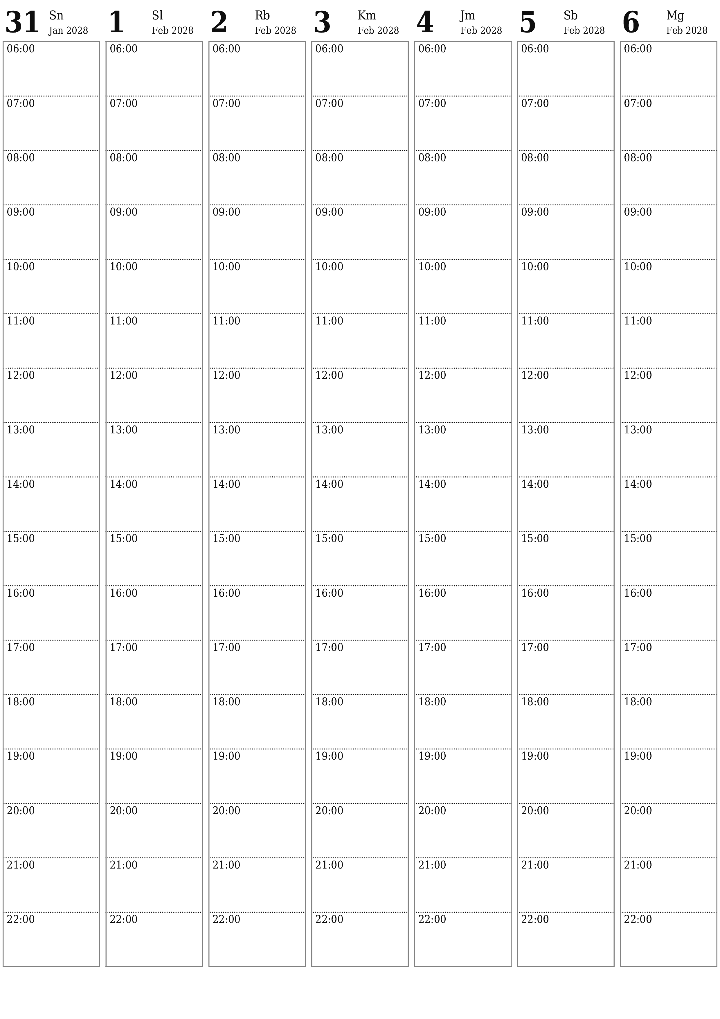 Kosongkan agenda mingguan untuk minggu Februari 2028 dengan catatan, simpan dan cetak ke PDF PNG Indonesian