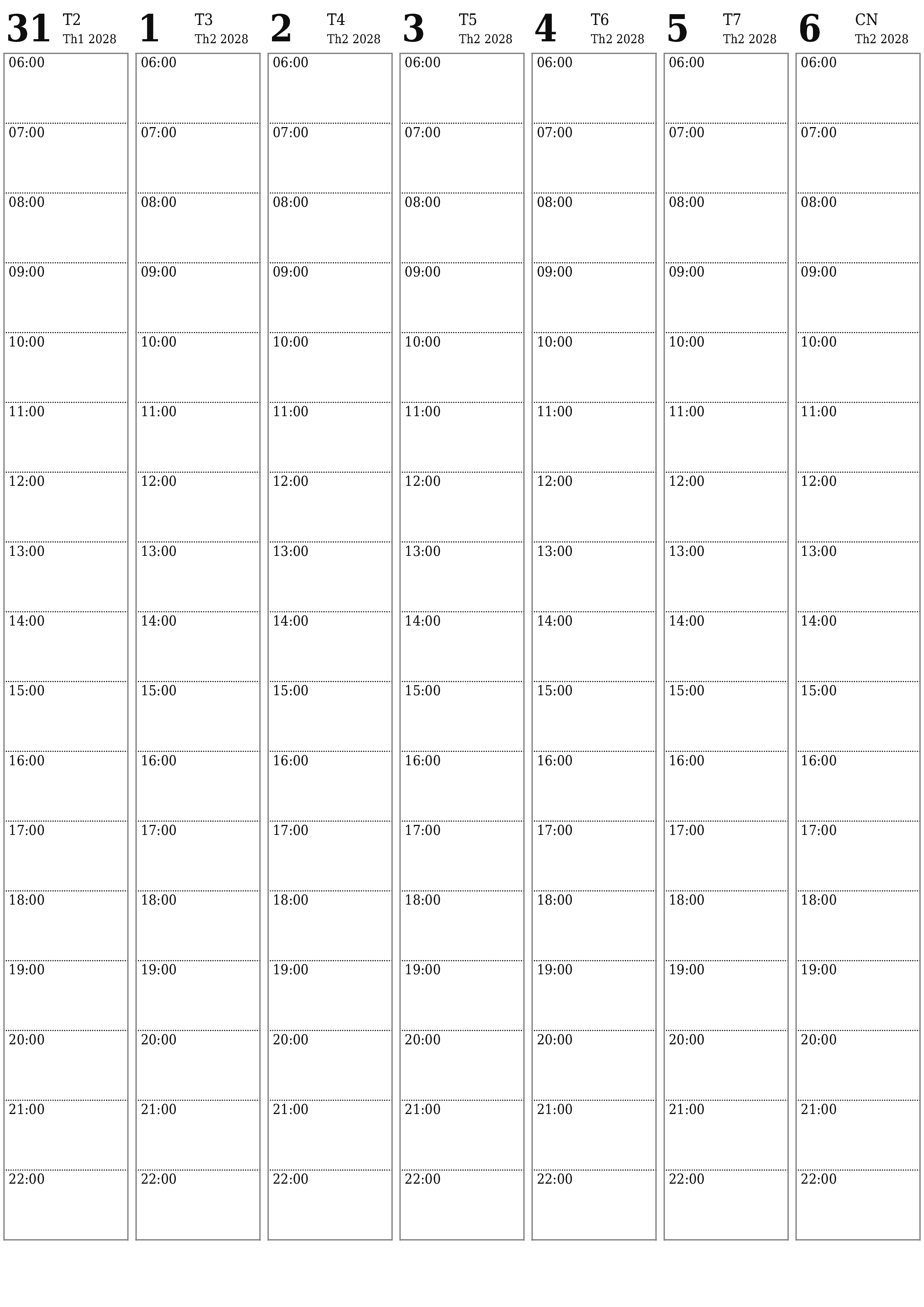Công cụ lập kế hoạch hàng tuần trống trong tuần Tháng 2 2028 có ghi chú, lưu và in sang PDF PNG Vietnamese