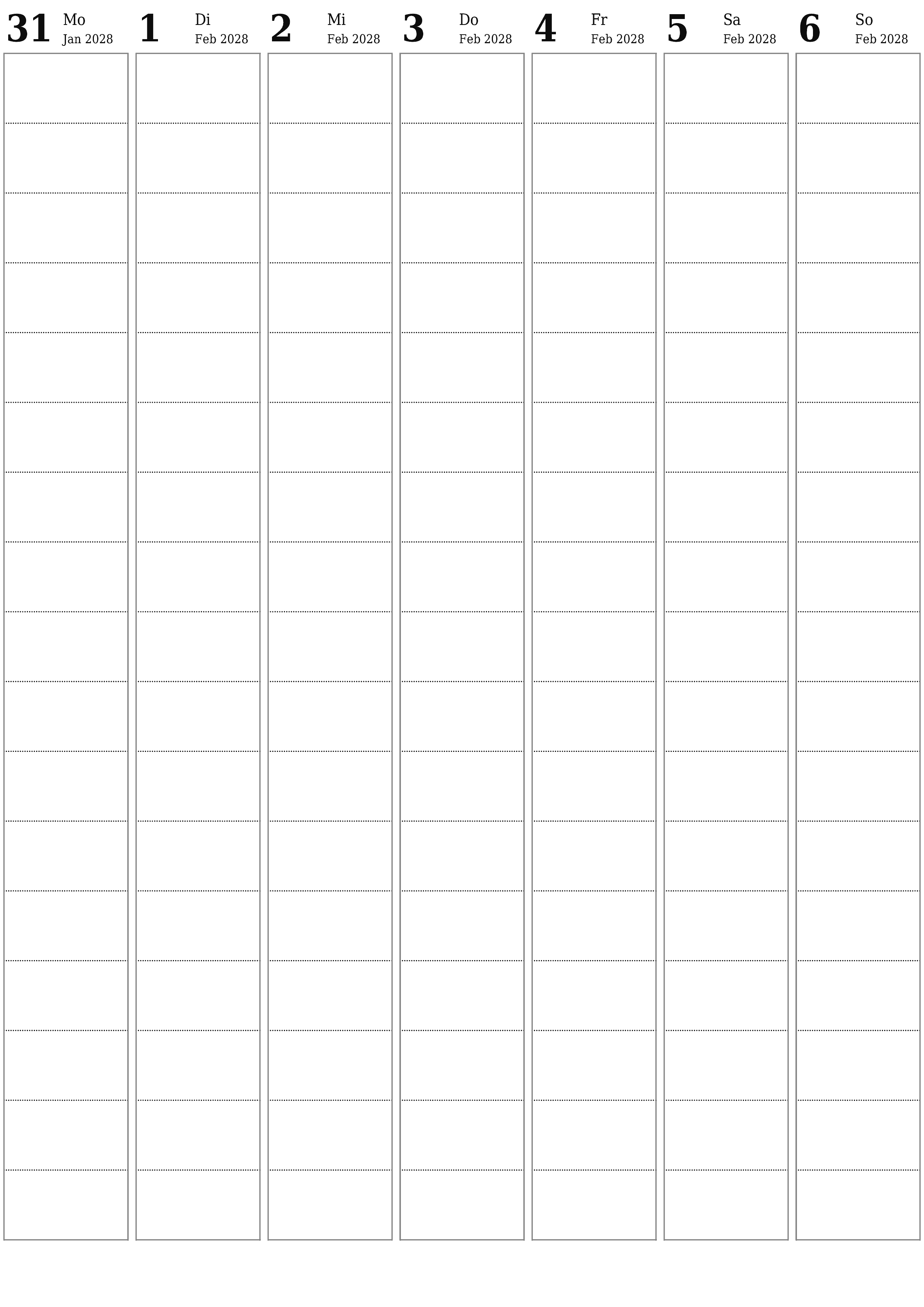 Wochenplaner für Wochen Februar 2028 mit Notizen leeren, speichern und als PDF drucken PNG German