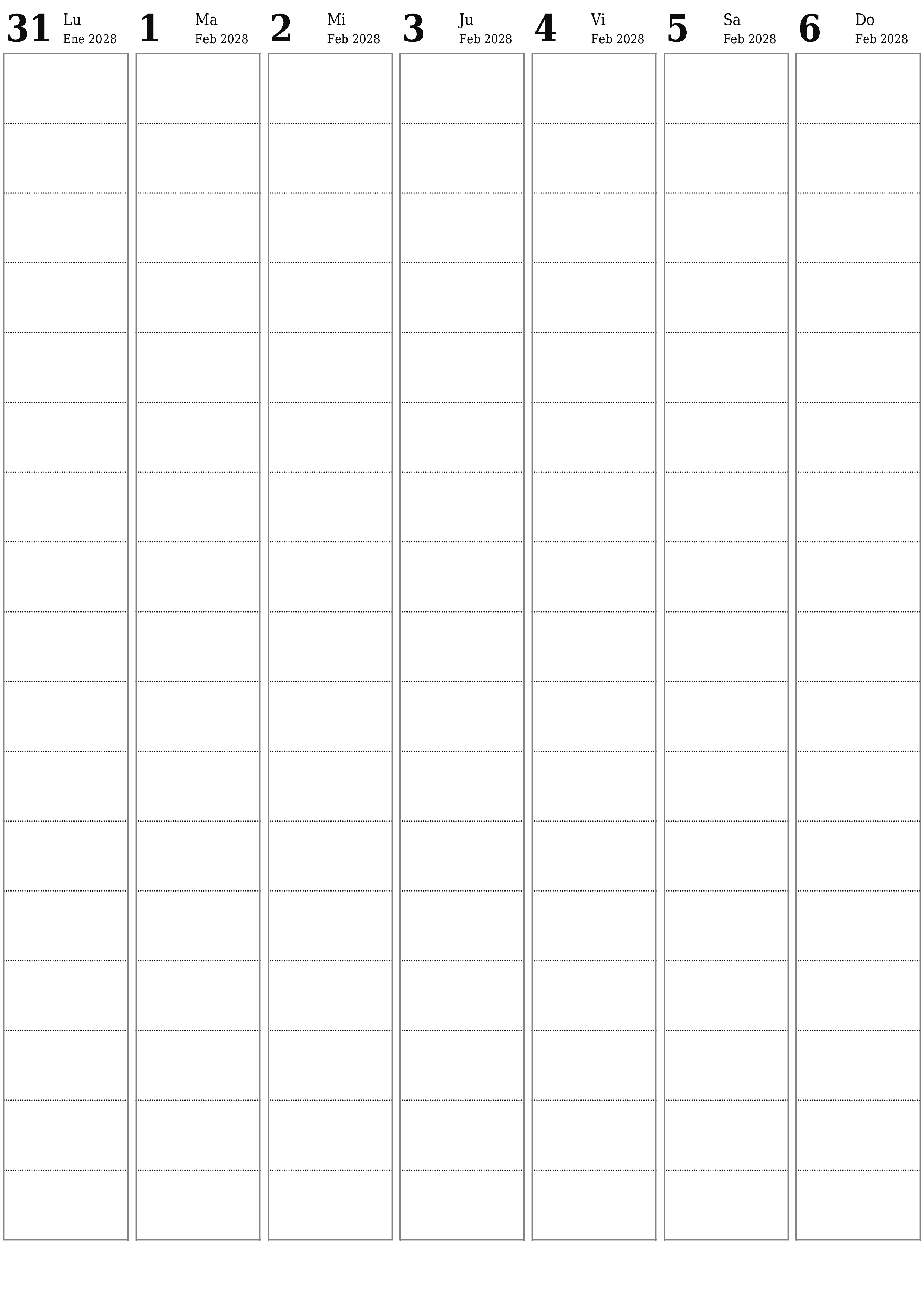 Planificador semanal vacío para semanas Febrero 2028 con notas, guardar e imprimir en PDF PNG Spanish
