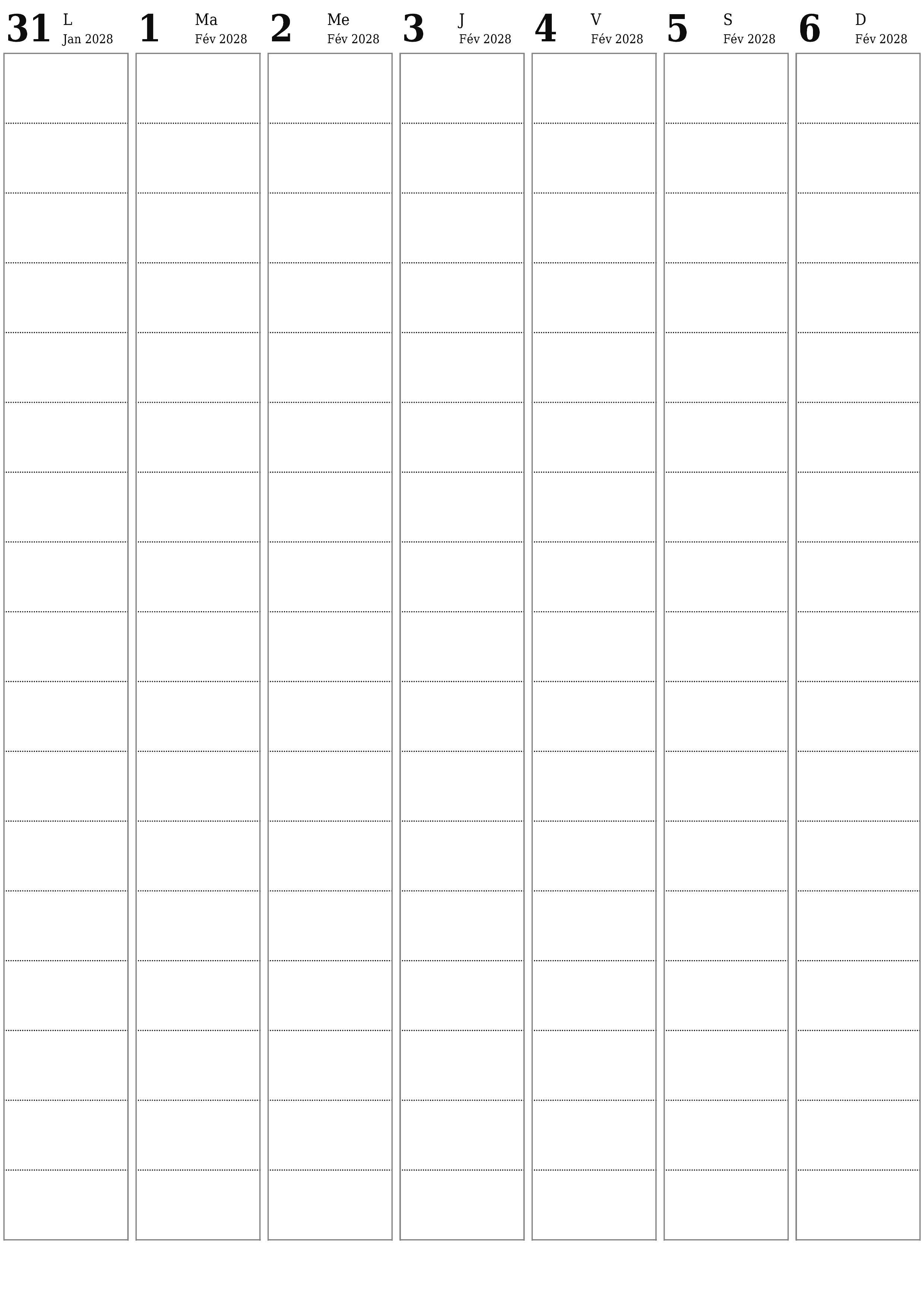 Agenda hebdomadaire vide pendant des semaines Février 2028 avec notes, enregistrez et imprimez au format PDF PNG French
