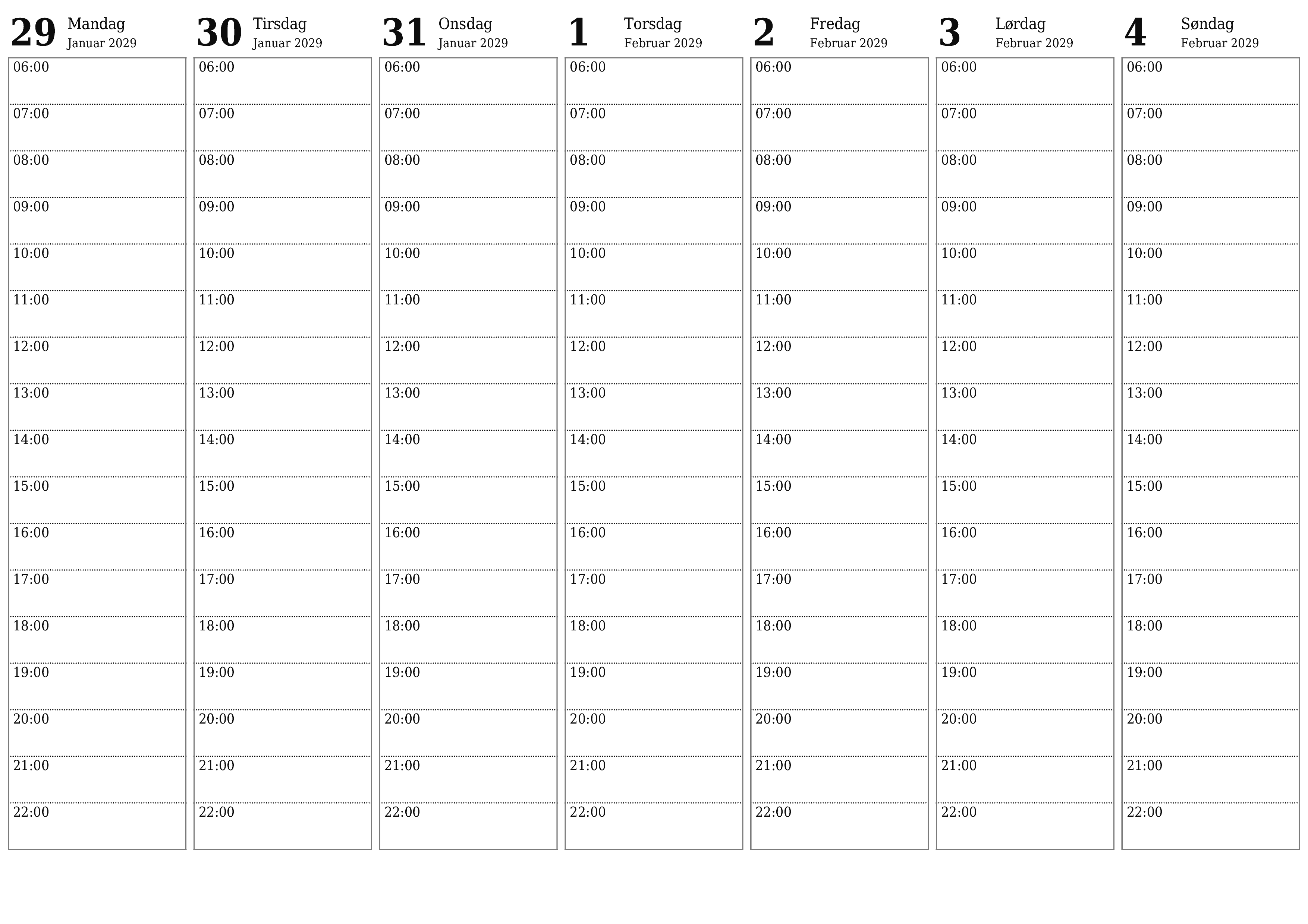 udskrivbar væg skabelon gratis vandret Ugentligt planlægger kalender Februar (Feb) 2029