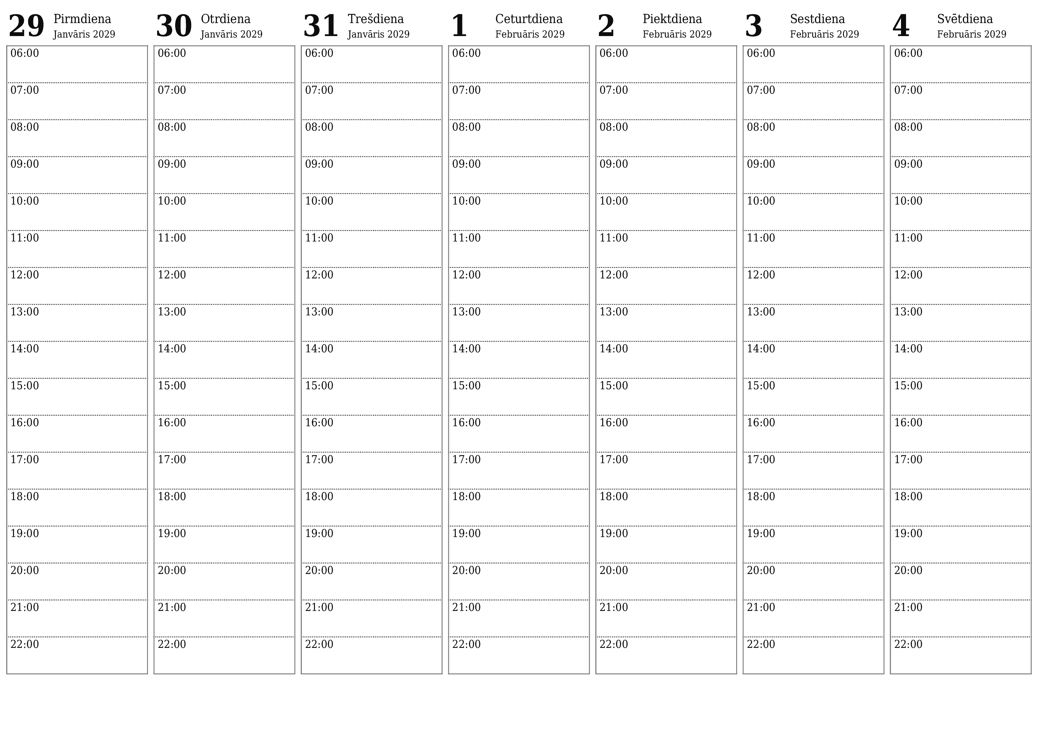 Iztukšojiet nedēļas plānotāju nedēļām Februāris 2029 ar piezīmēm, saglabājiet un izdrukājiet PDF formātā PNG Latvian