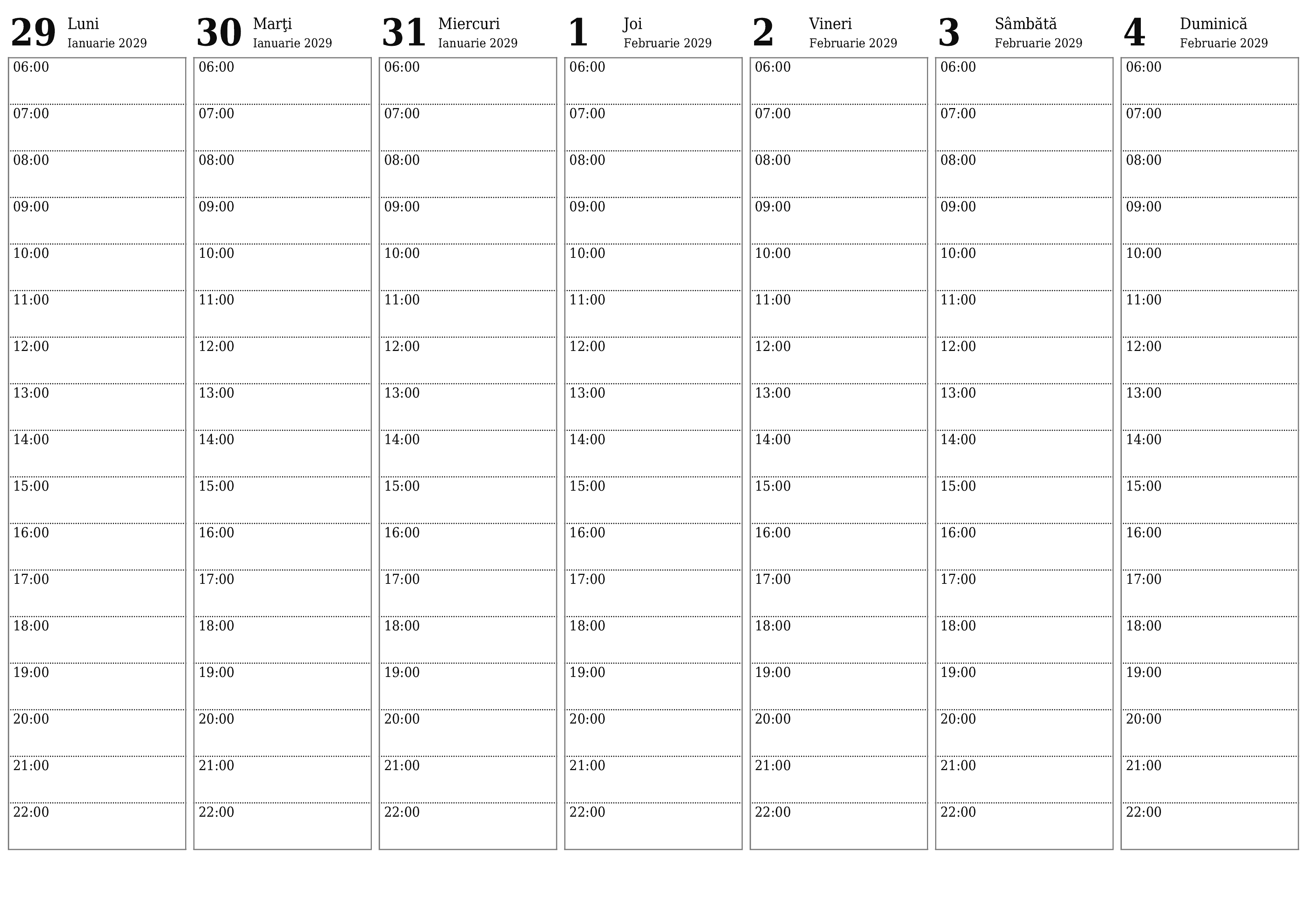 Planificator săptămânal gol pentru săptămâni Februarie 2029 cu note, salvați și tipăriți în PDF PNG Romanian