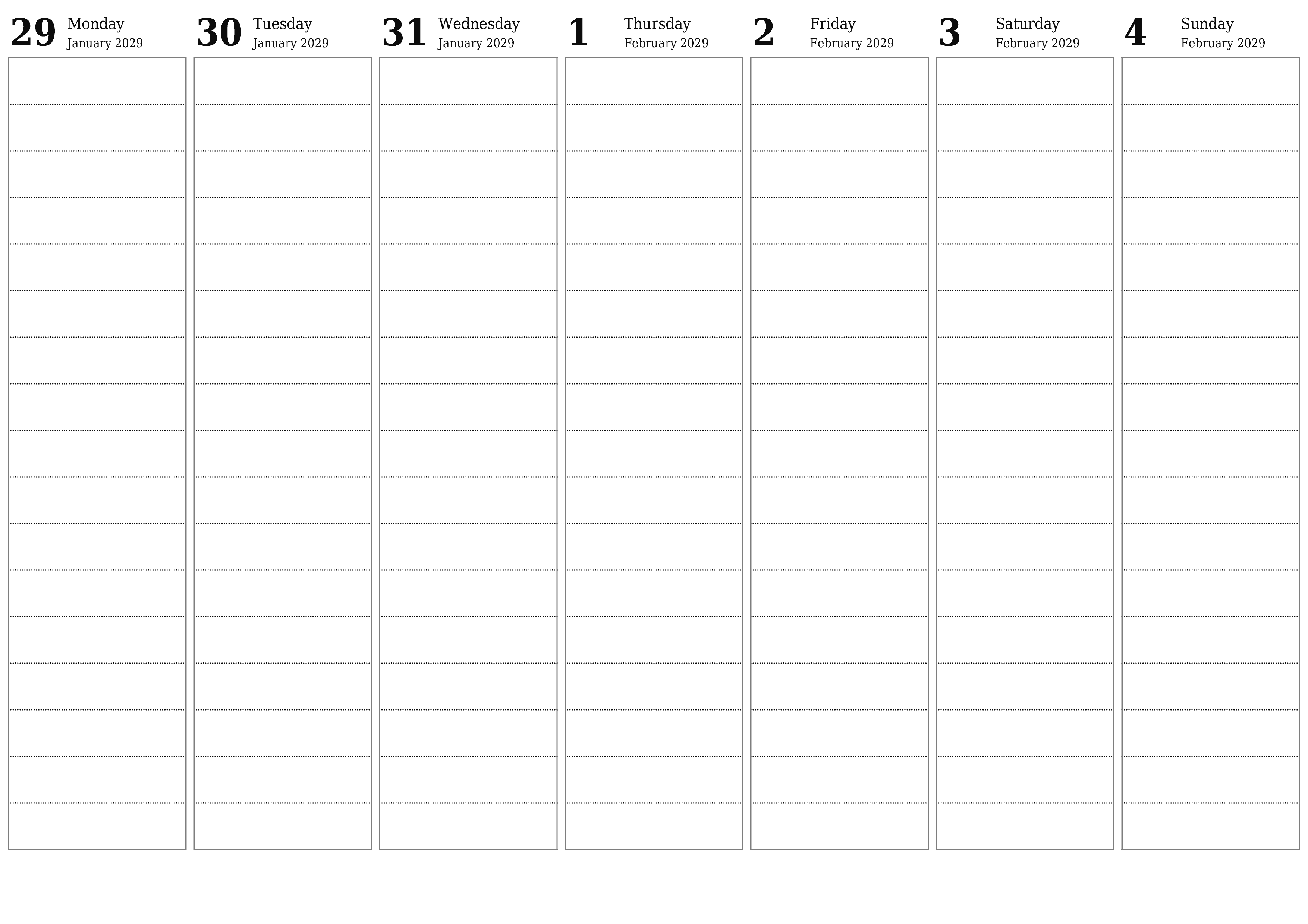 printable wall template free horizontal Weekly planner calendar February (Feb) 2029