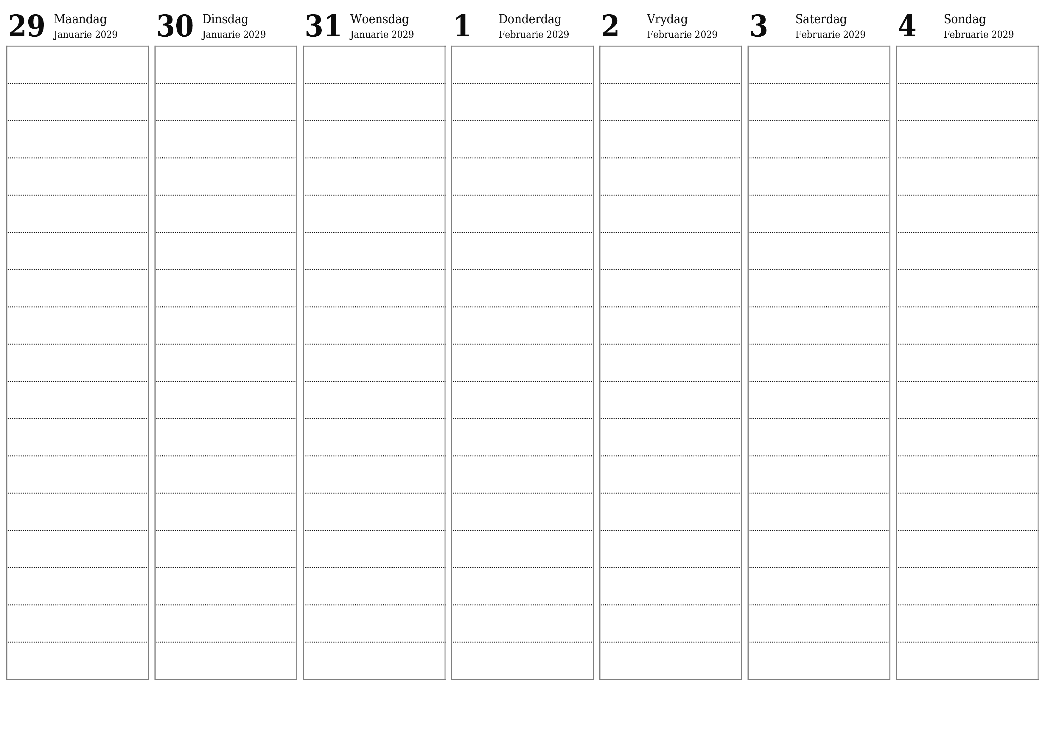 Leë weeklikse drukbare kalender en beplanner vir week Februarie 2029 met notas, stoor en druk na PDF PNG Afrikaans