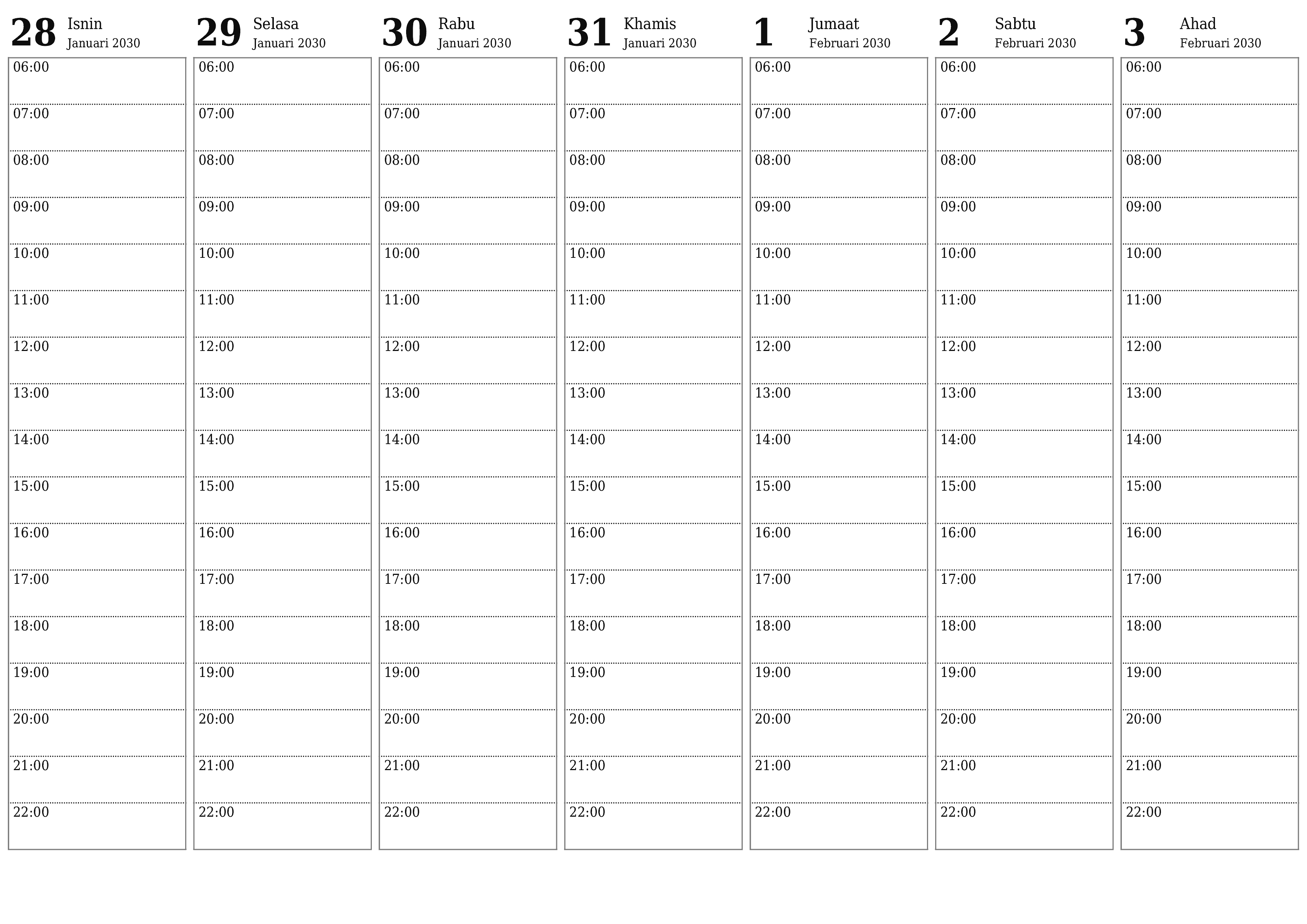  boleh cetak dinding templat percumamendatar Mingguan perancang kalendar Februari (Feb) 2030