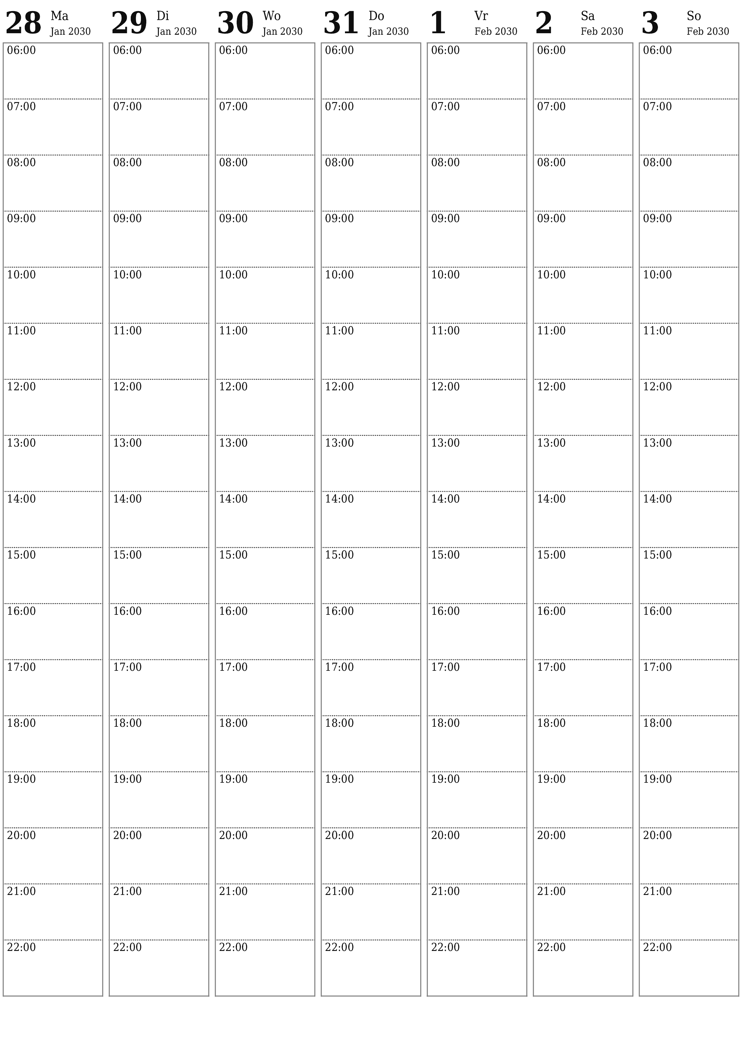 drukbare muur template gratis vertikaal Weekliks beplanner kalender Februarie (Feb) 2030