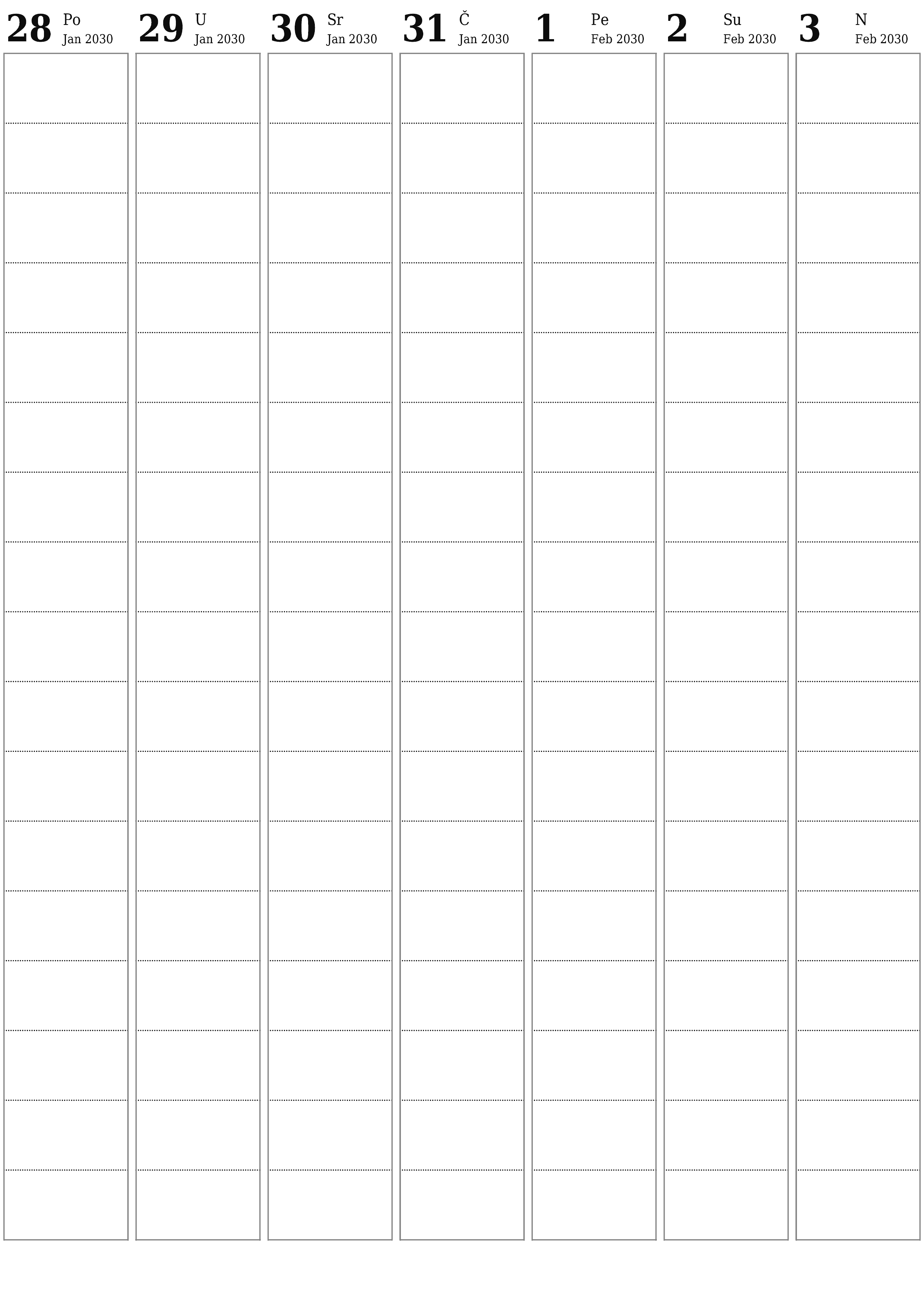  za štampanje zidni šablon a besplatni vertikalno Tjedno planer kalendar Februar (Feb) 2030