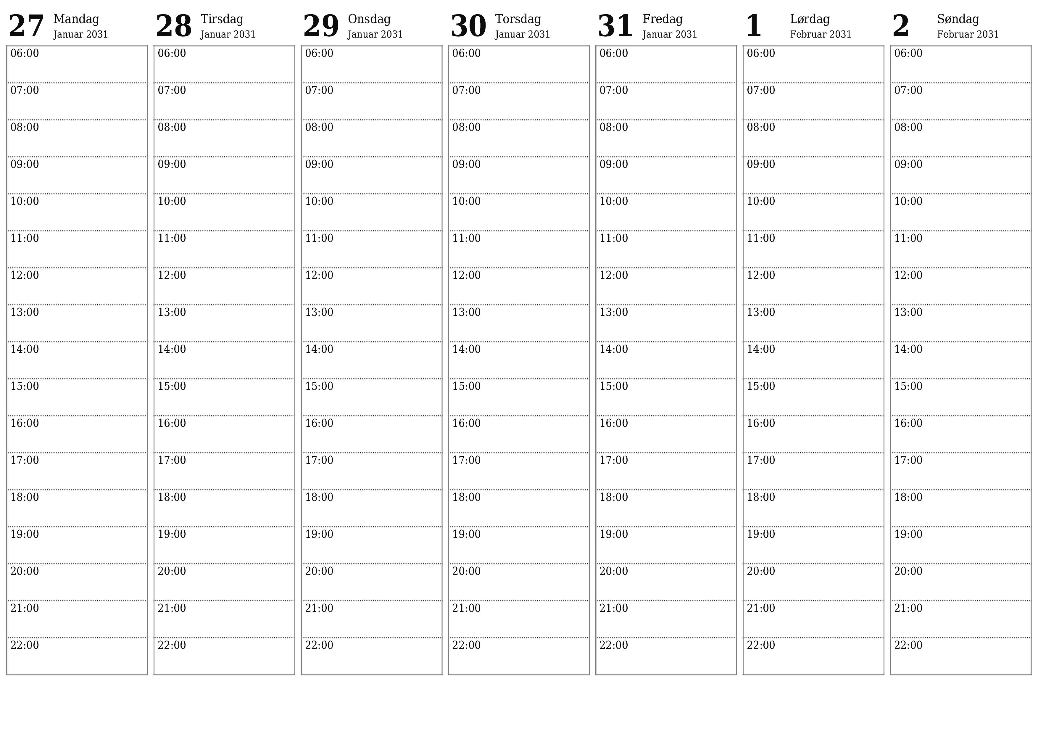 Tøm ukentlig planlegger i uker Februar 2031 med notater, lagre og skriv ut i PDF PNG Norwegian