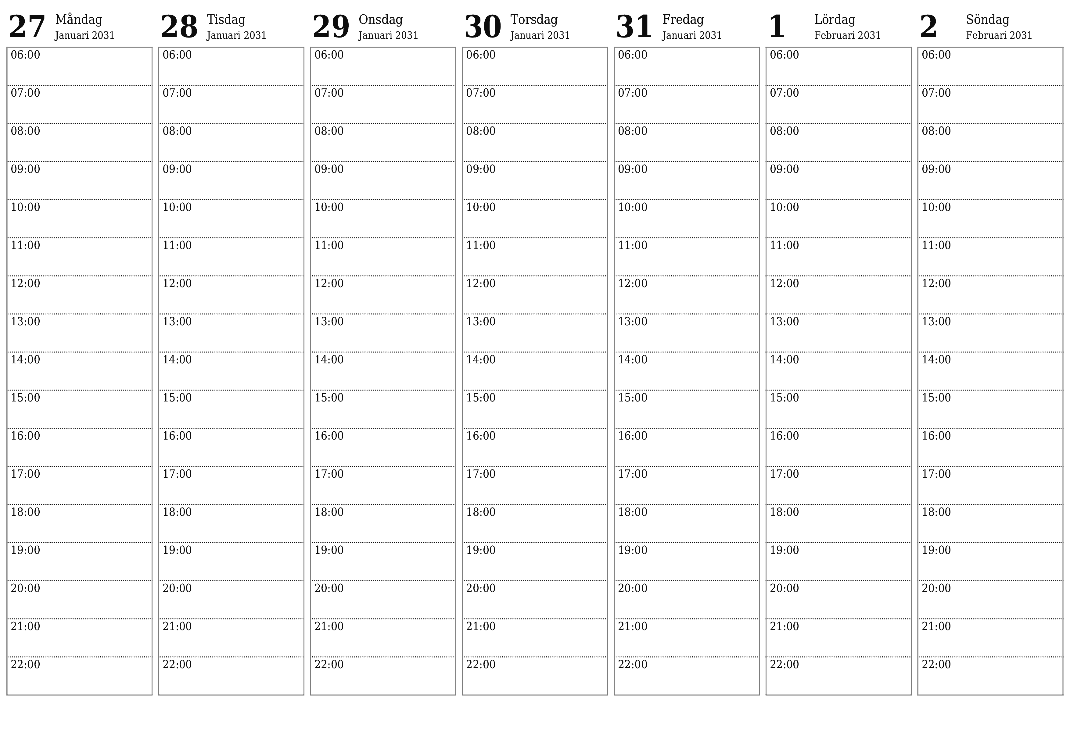 utskrivbar vägg mall gratis horisontell Veckovis planerare kalender Februari (Feb) 2031