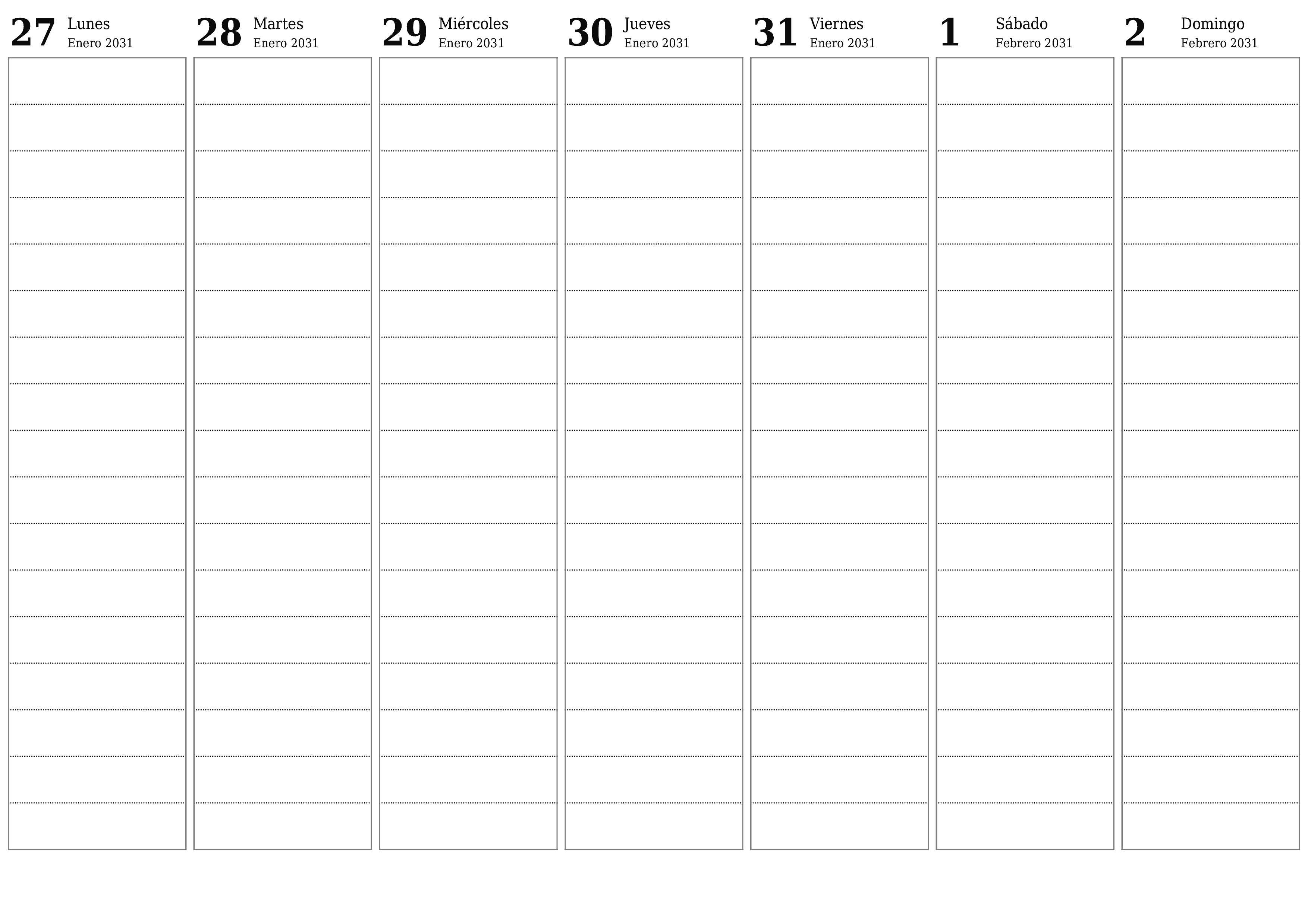 Planificador semanal vacío para semanas Febrero 2031 con notas, guardar e imprimir en PDF PNG Spanish