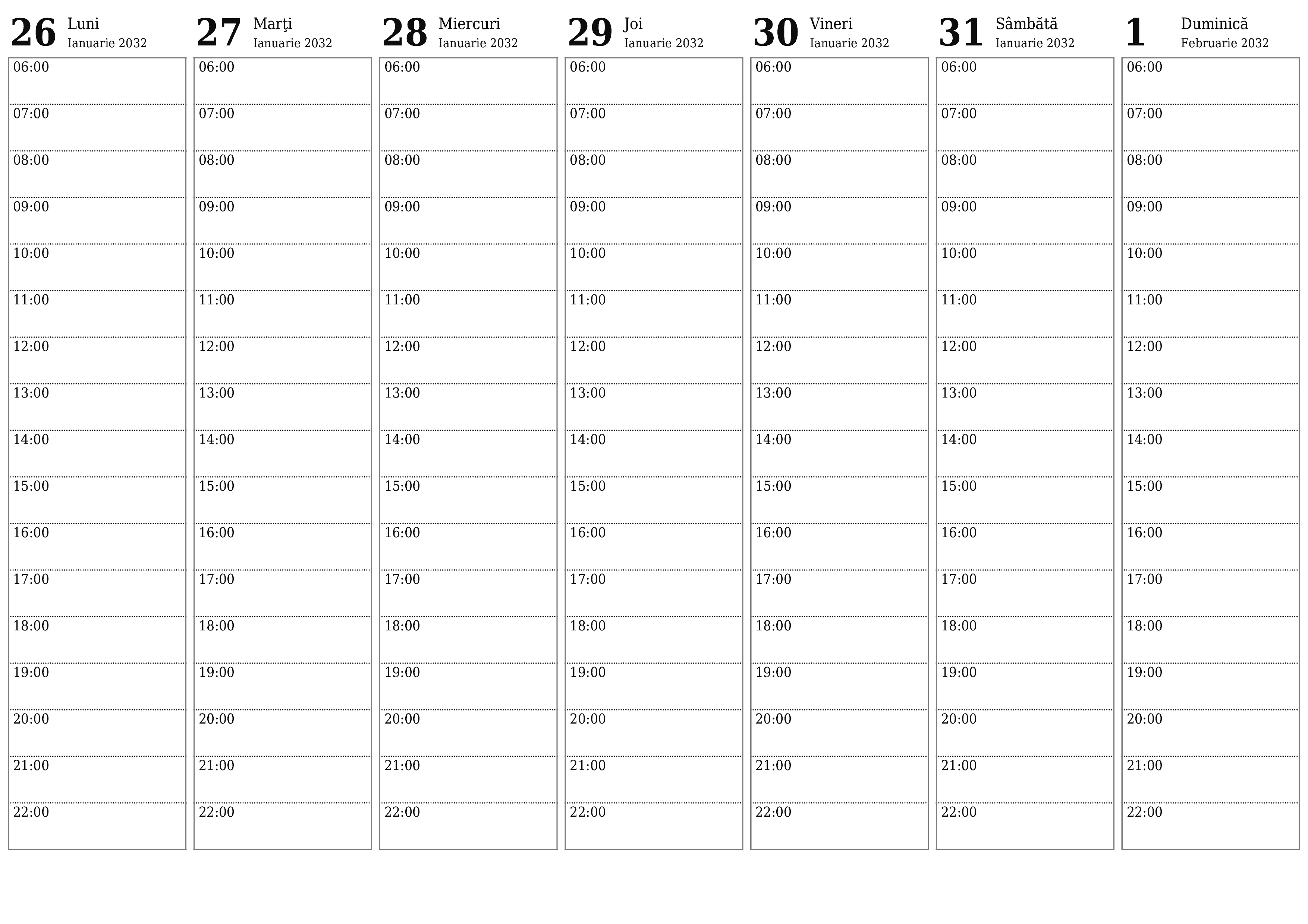 Planificator săptămânal gol pentru săptămâni Februarie 2032 cu note, salvați și tipăriți în PDF PNG Romanian