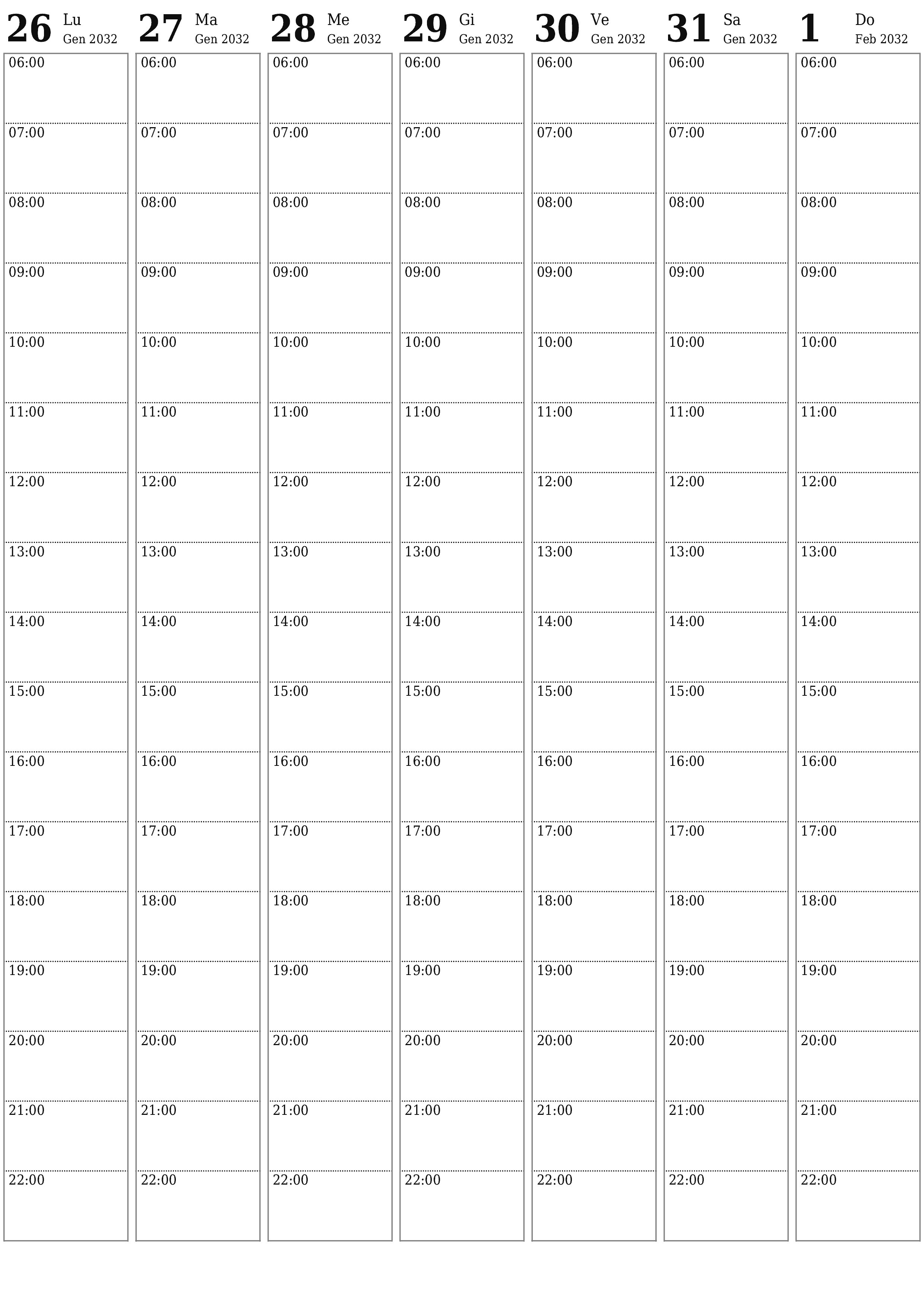 Agenda settimanale vuota per settimane Febbraio 2032 con note, salva e stampa in PDF PNG Italian