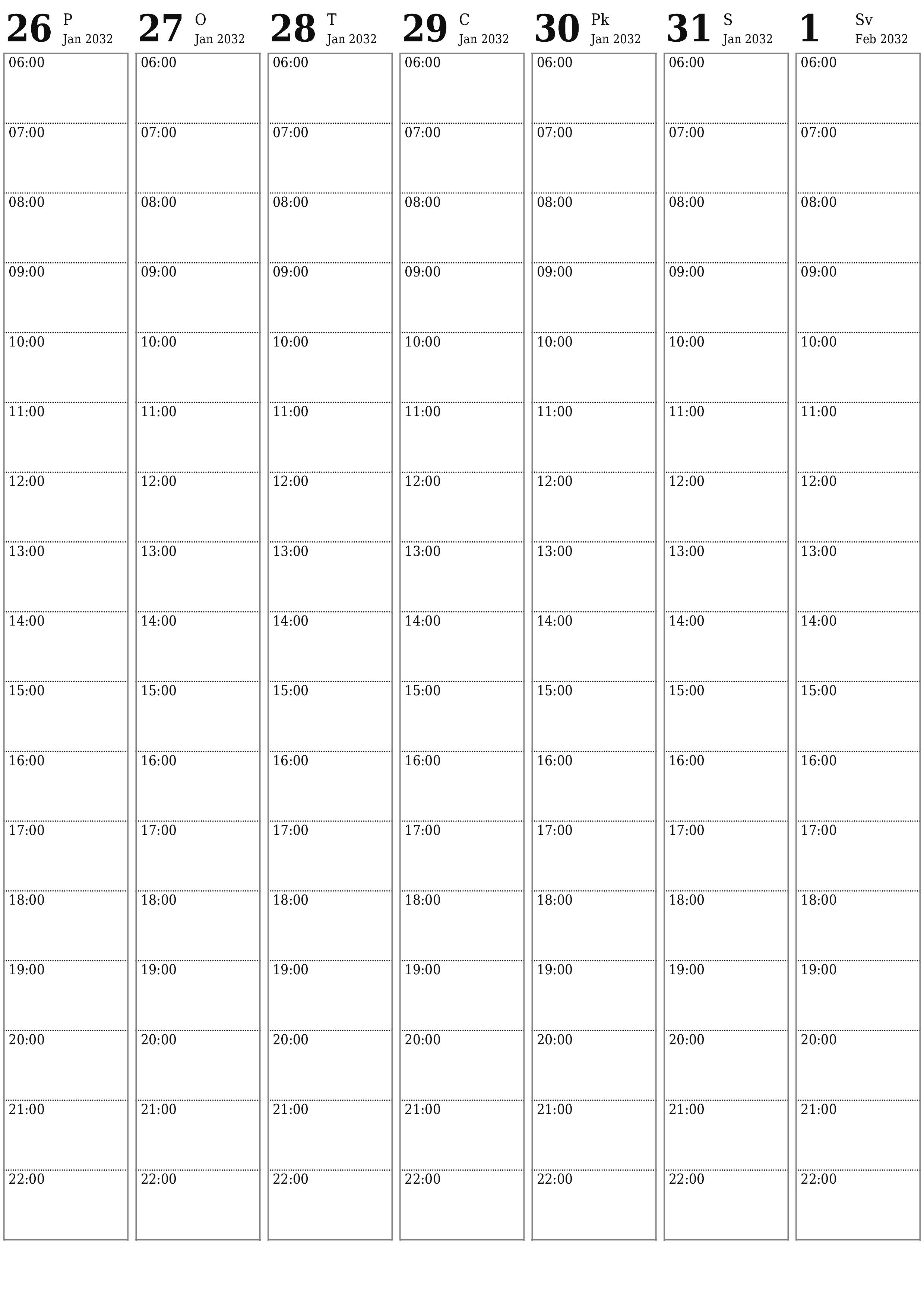 Iztukšojiet nedēļas plānotāju nedēļām Februāris 2032 ar piezīmēm, saglabājiet un izdrukājiet PDF formātā PNG Latvian