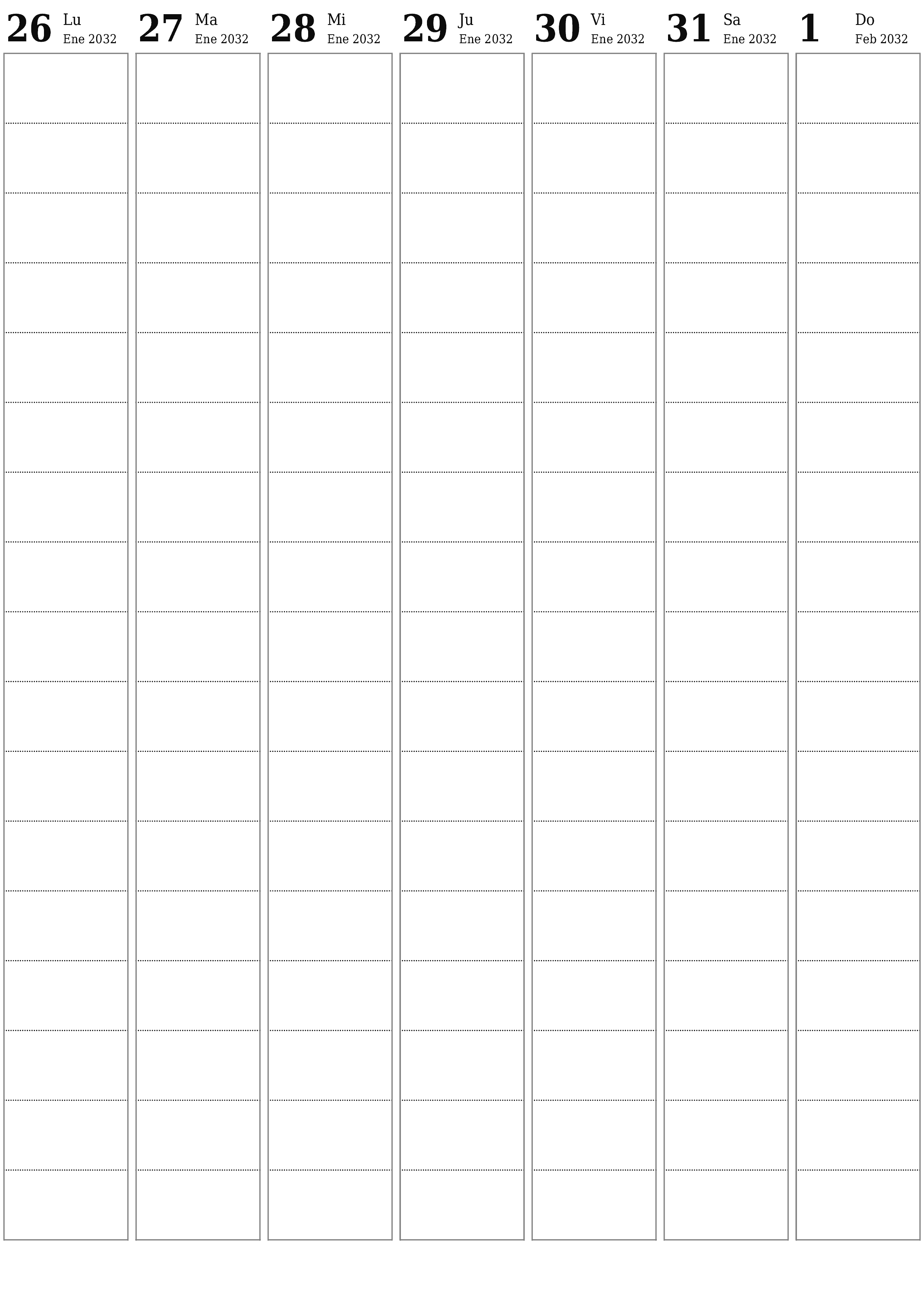Planificador semanal vacío para semanas Febrero 2032 con notas, guardar e imprimir en PDF PNG Spanish