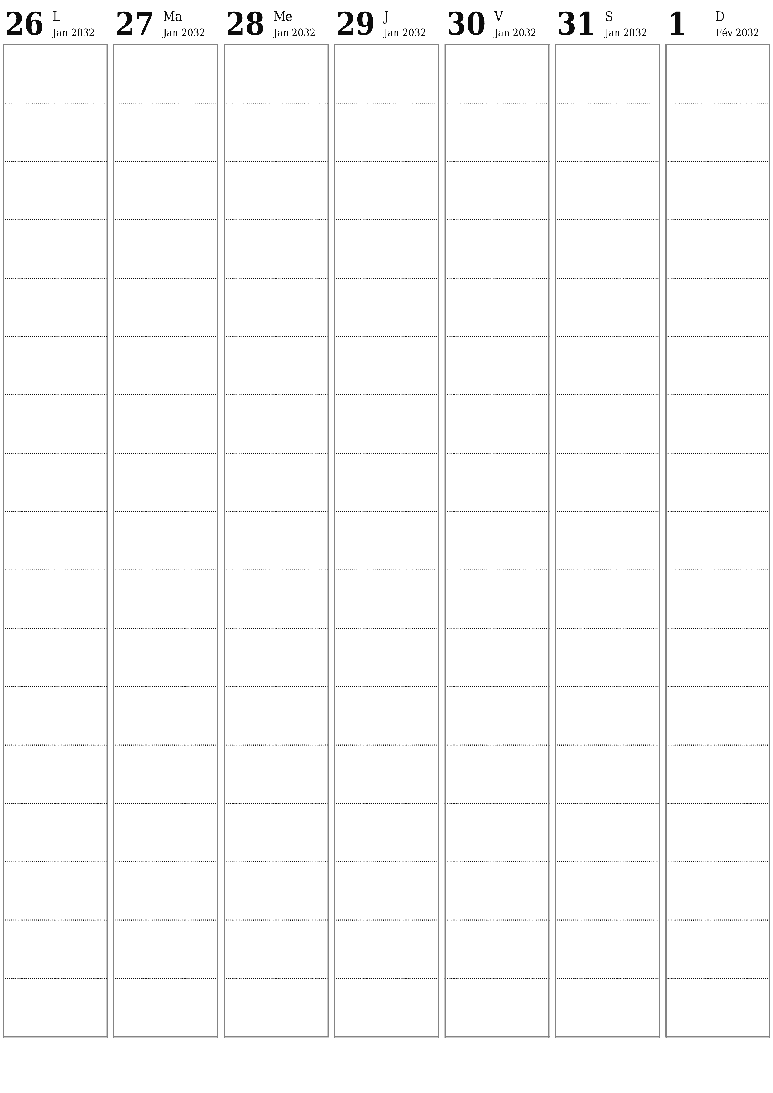Agenda hebdomadaire vide pendant des semaines Février 2032 avec notes, enregistrez et imprimez au format PDF PNG French
