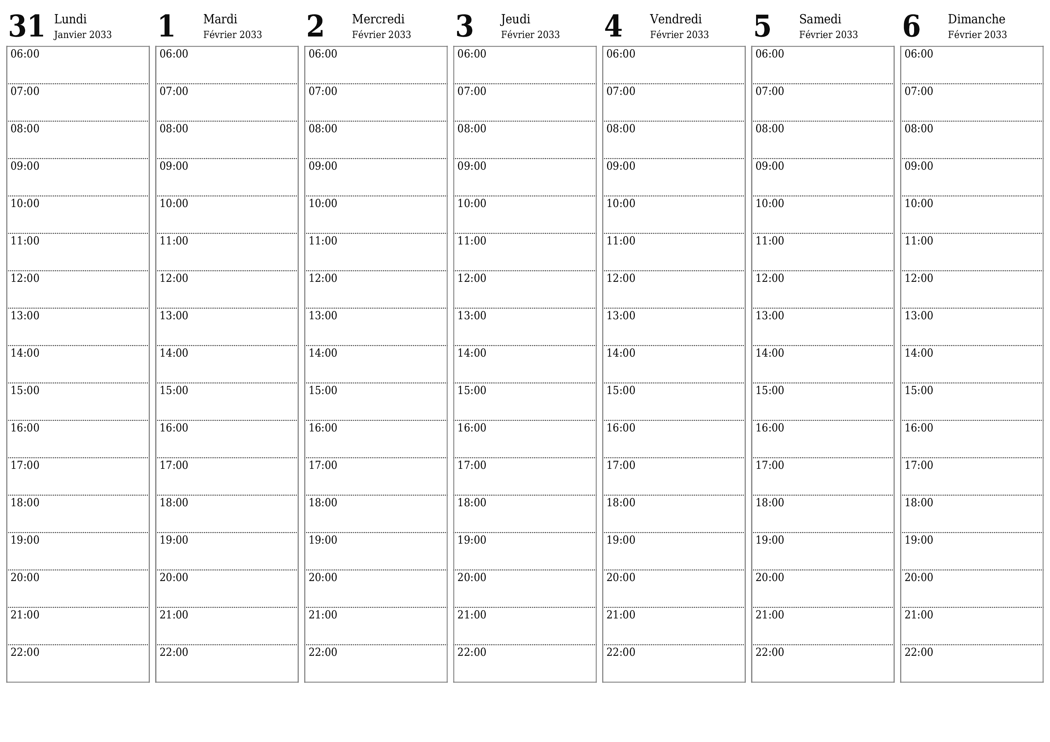 Agenda hebdomadaire vide pendant des semaines Février 2033 avec notes, enregistrez et imprimez au format PDF PNG French