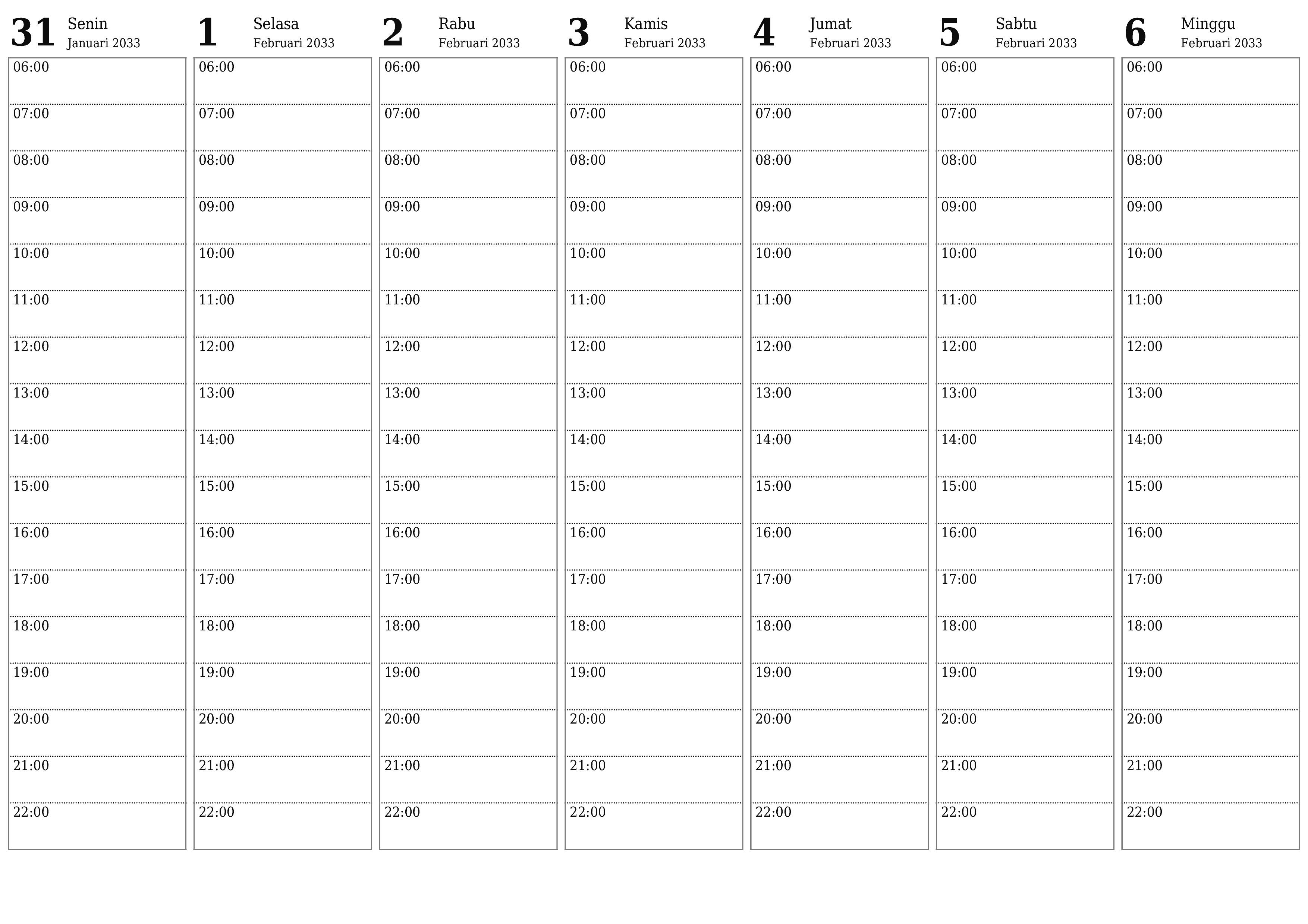 Kosongkan agenda mingguan untuk minggu Februari 2033 dengan catatan, simpan dan cetak ke PDF PNG Indonesian