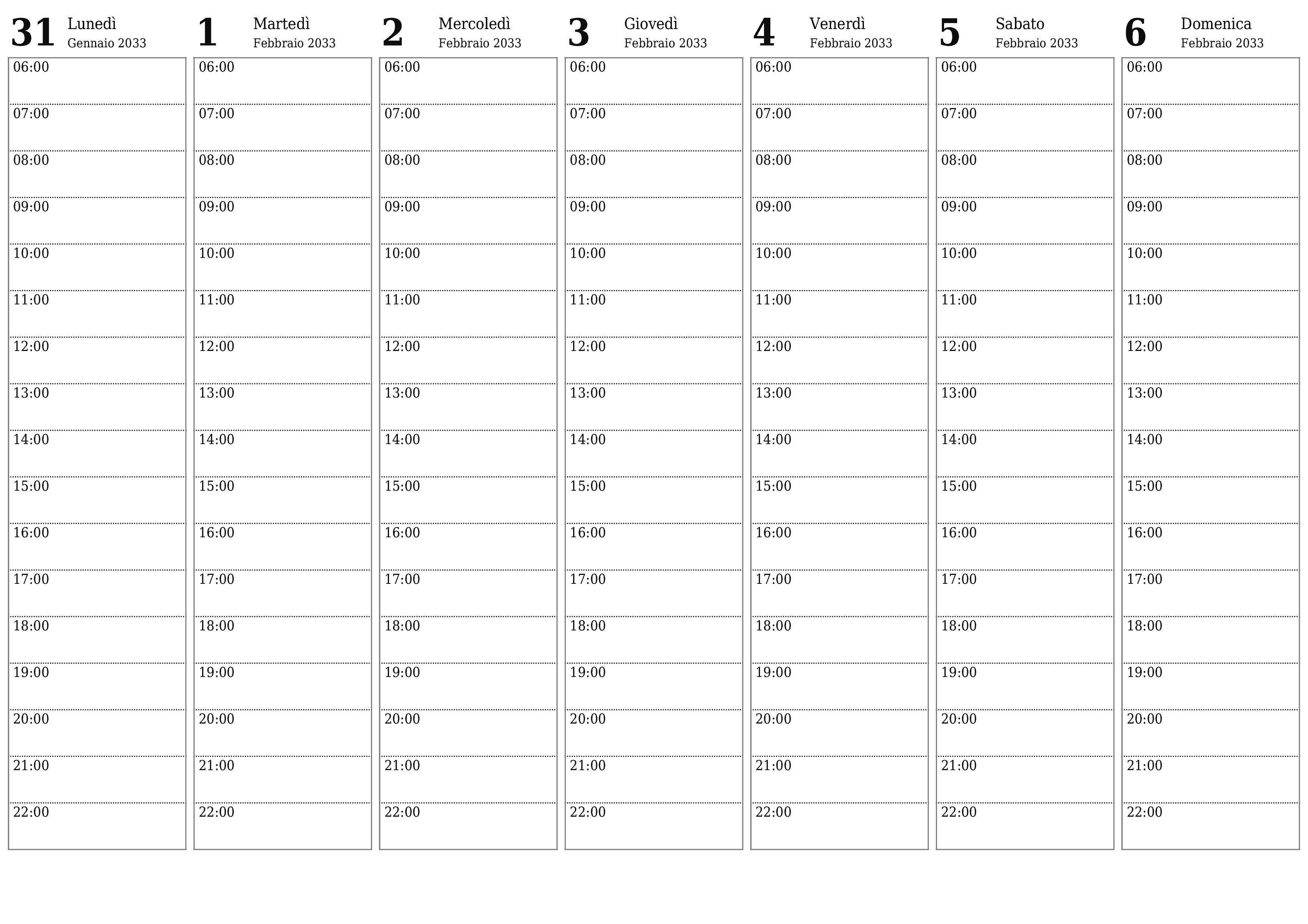 Agenda settimanale vuota per settimane Febbraio 2033 con note, salva e stampa in PDF PNG Italian