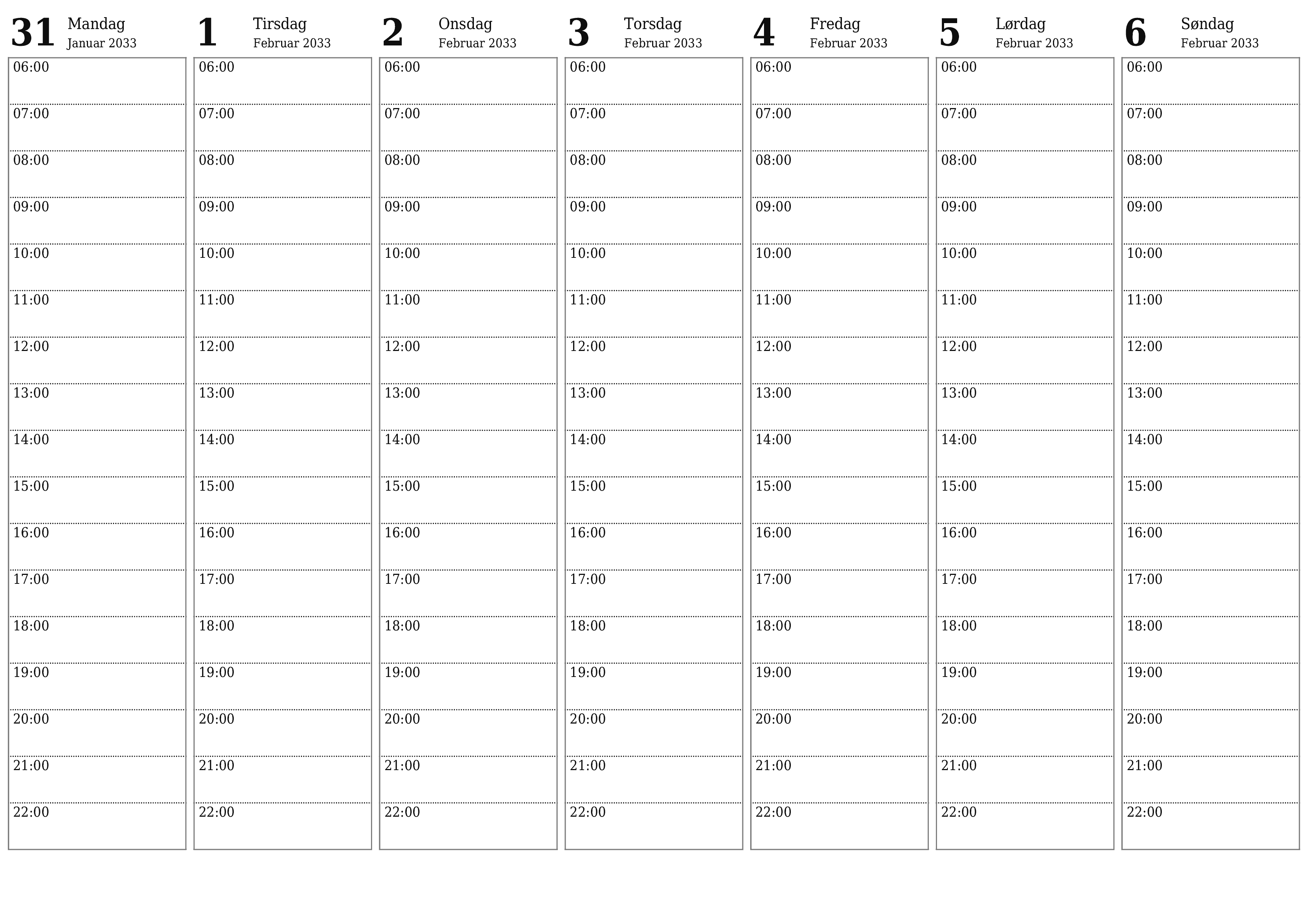 Tøm ukentlig planlegger i uker Februar 2033 med notater, lagre og skriv ut i PDF PNG Norwegian