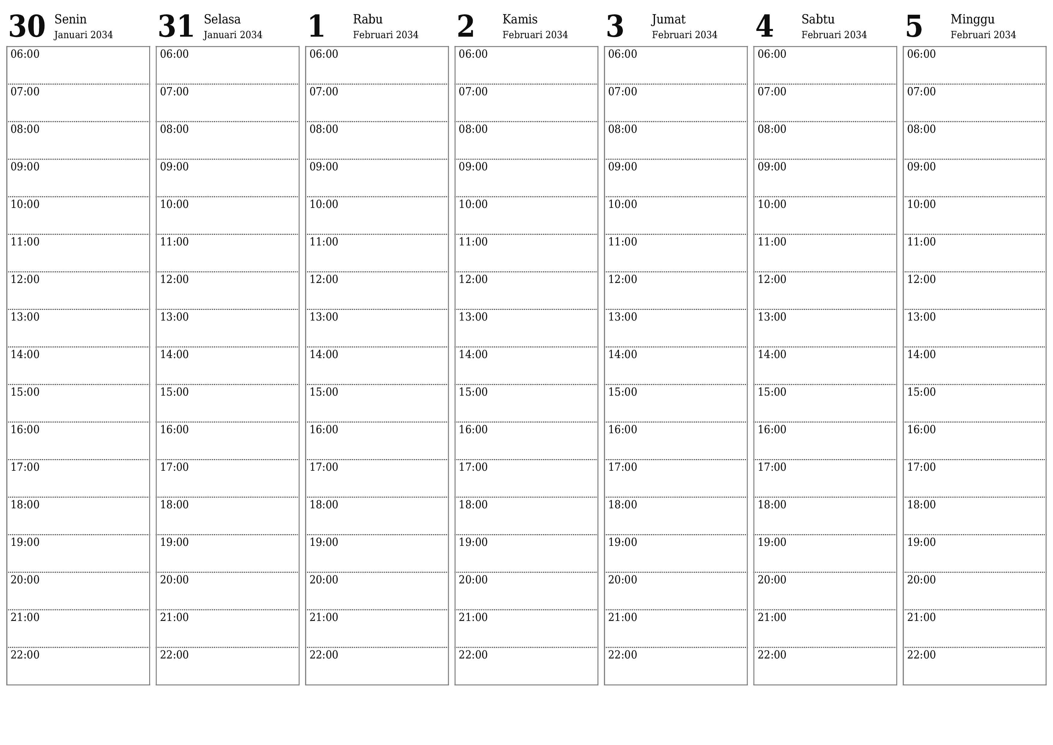 Kosongkan agenda mingguan untuk minggu Februari 2034 dengan catatan, simpan dan cetak ke PDF PNG Indonesian