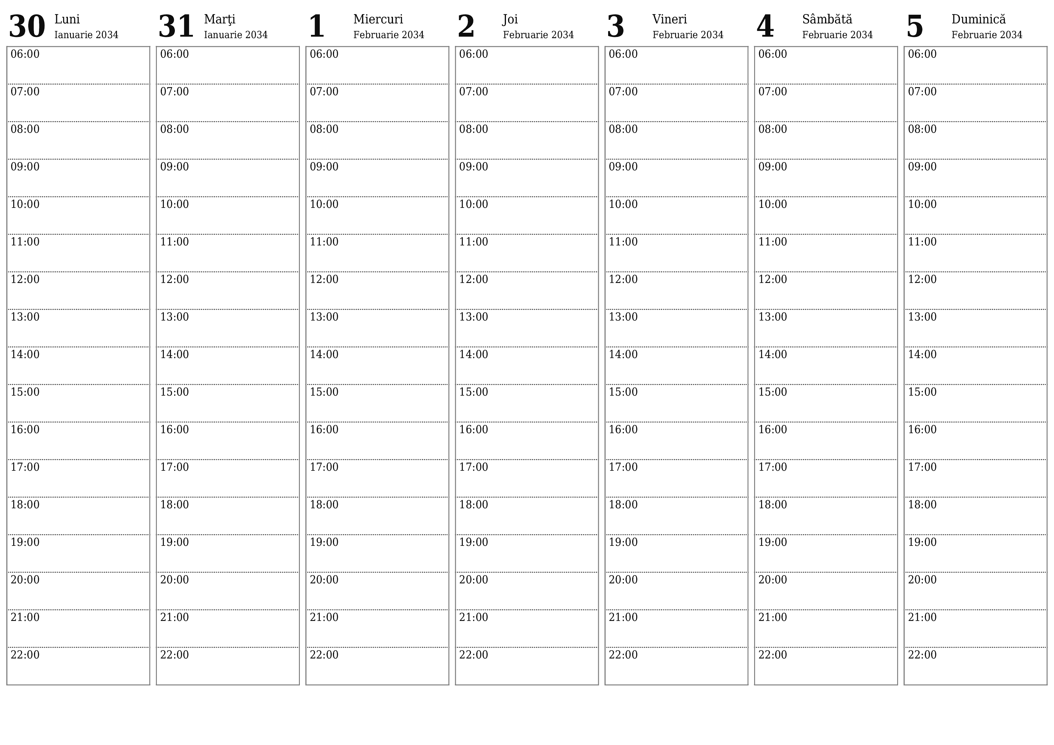 Planificator săptămânal gol pentru săptămâni Februarie 2034 cu note, salvați și tipăriți în PDF PNG Romanian