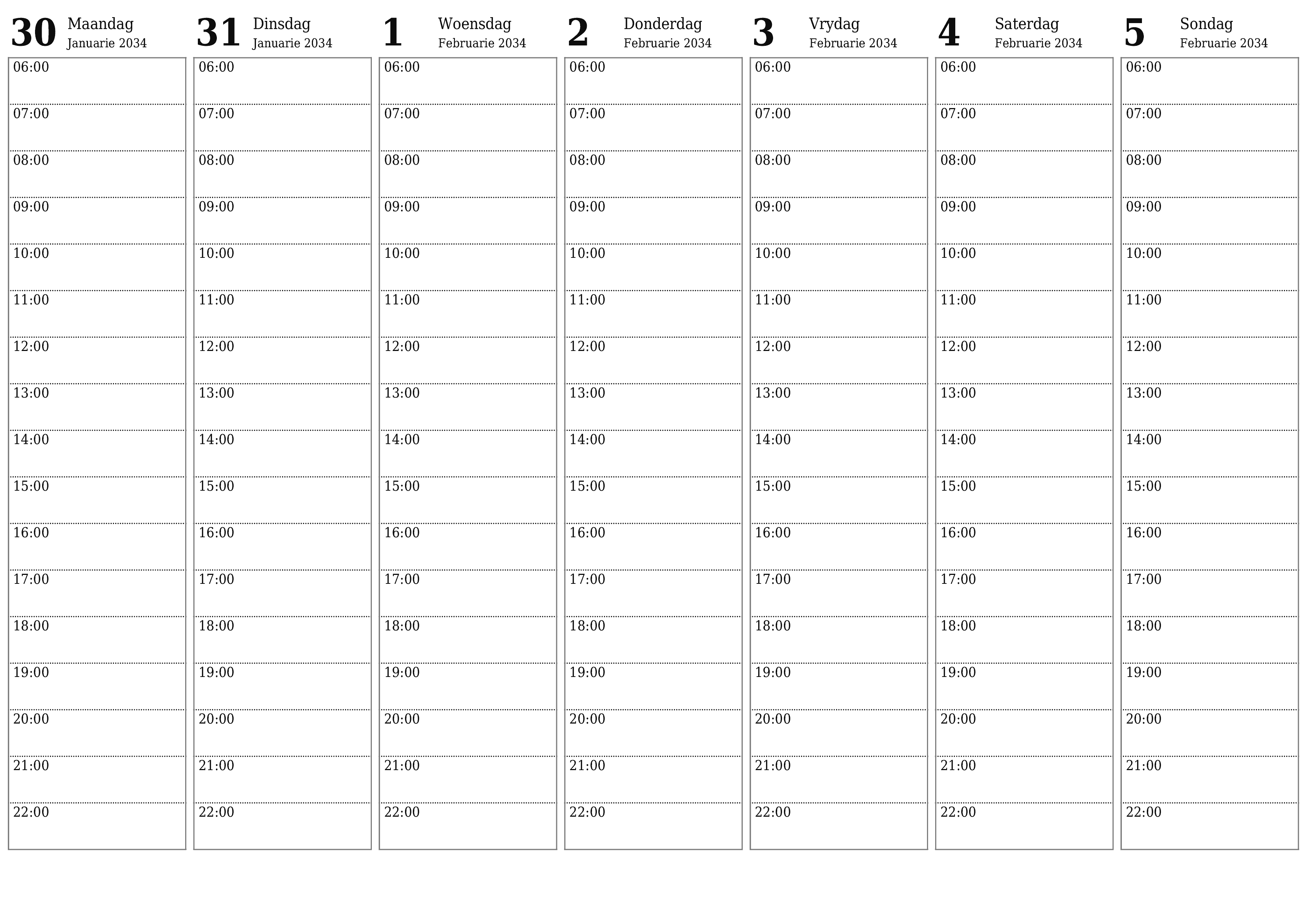 Leë weeklikse drukbare kalender en beplanner vir week Februarie 2034 met notas, stoor en druk na PDF PNG Afrikaans