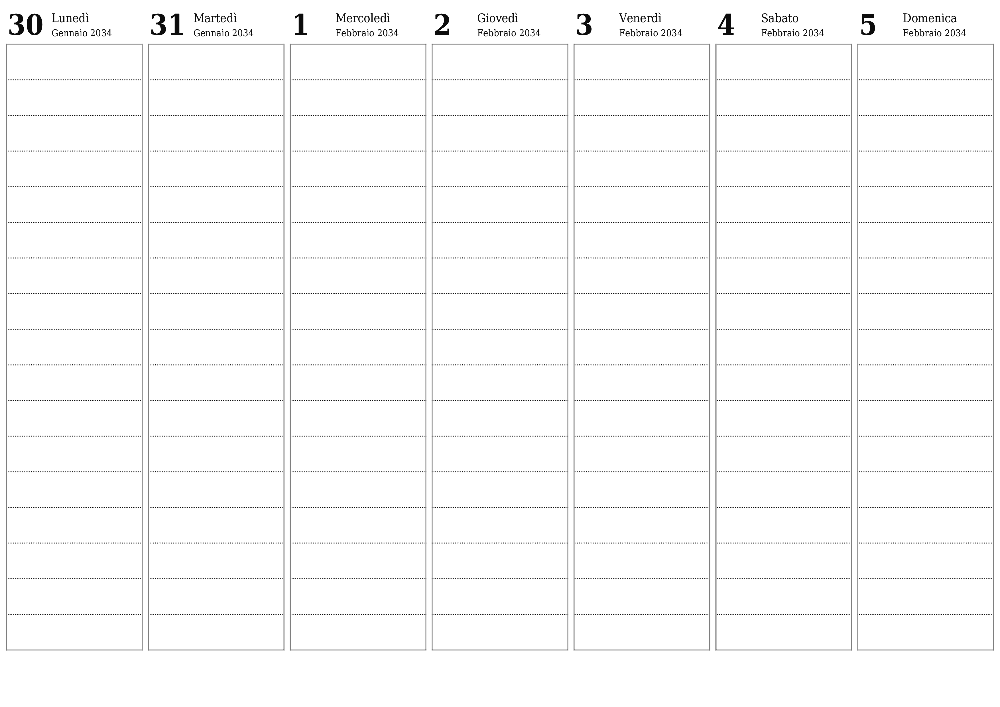 Agenda settimanale vuota per settimane Febbraio 2034 con note, salva e stampa in PDF PNG Italian