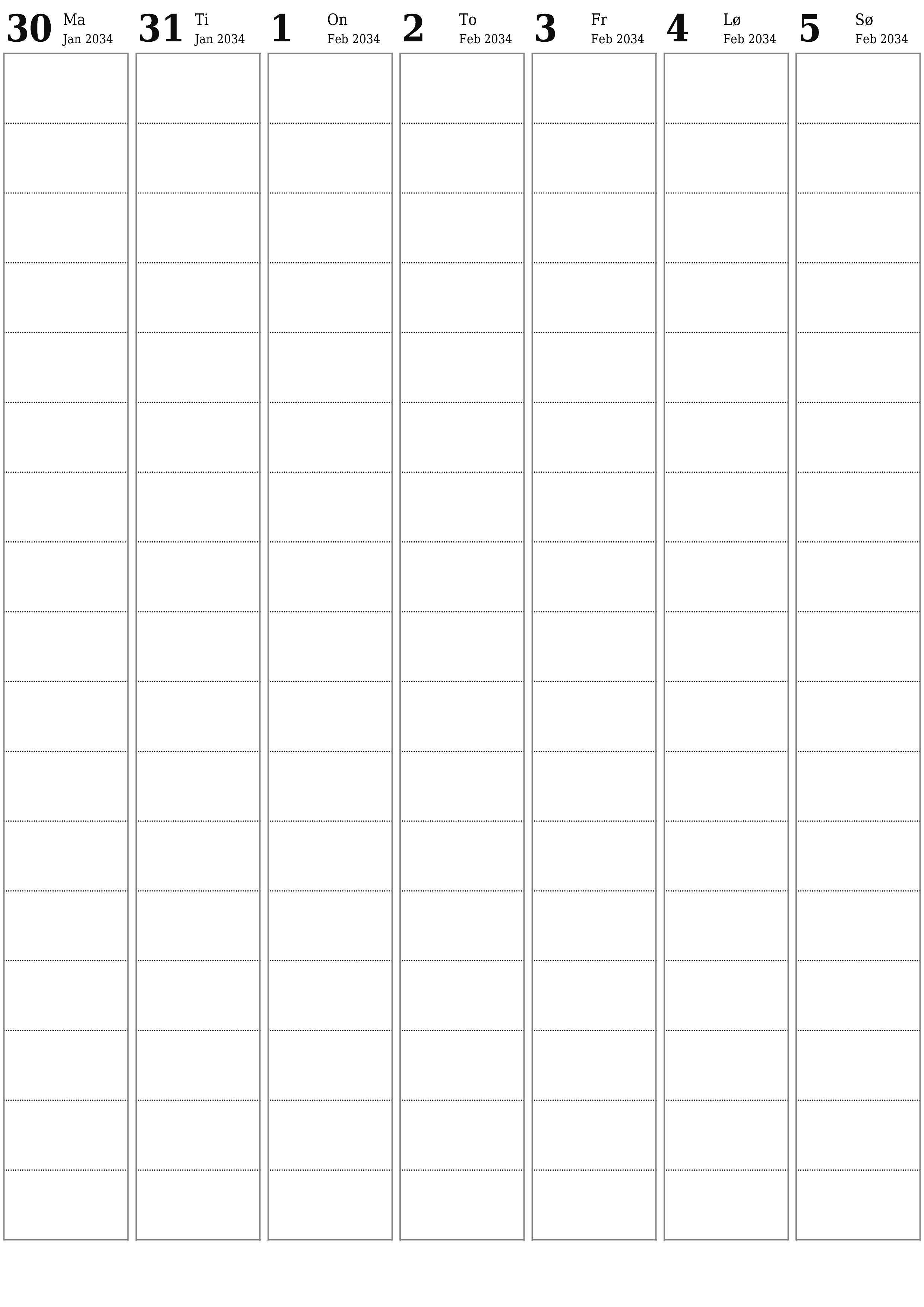 Tom ugentlig planlægger i uger Februar 2034 med noter, gem og udskriv til PDF PNG Danish