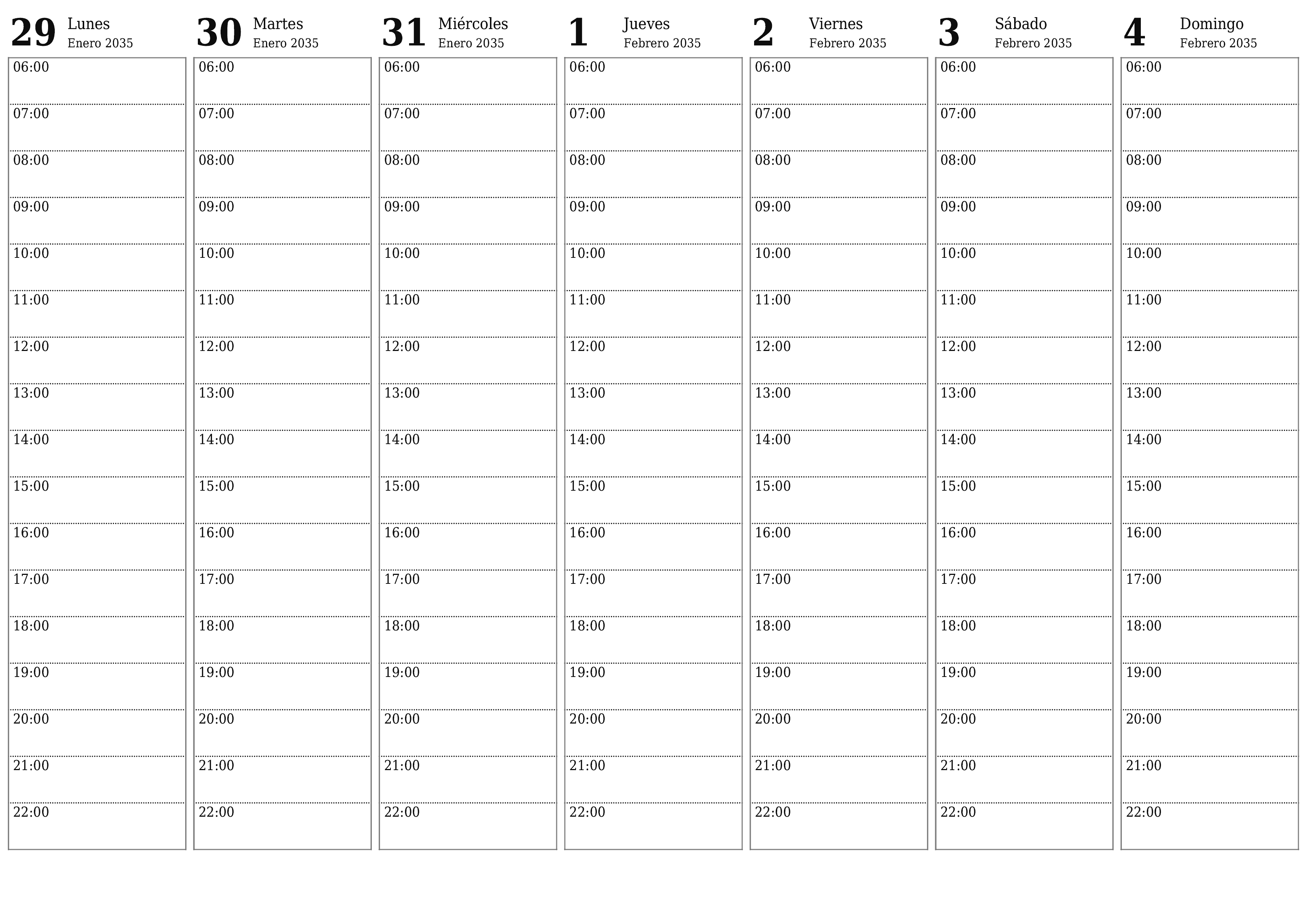 Planificador semanal vacío para semanas Febrero 2035 con notas, guardar e imprimir en PDF PNG Spanish