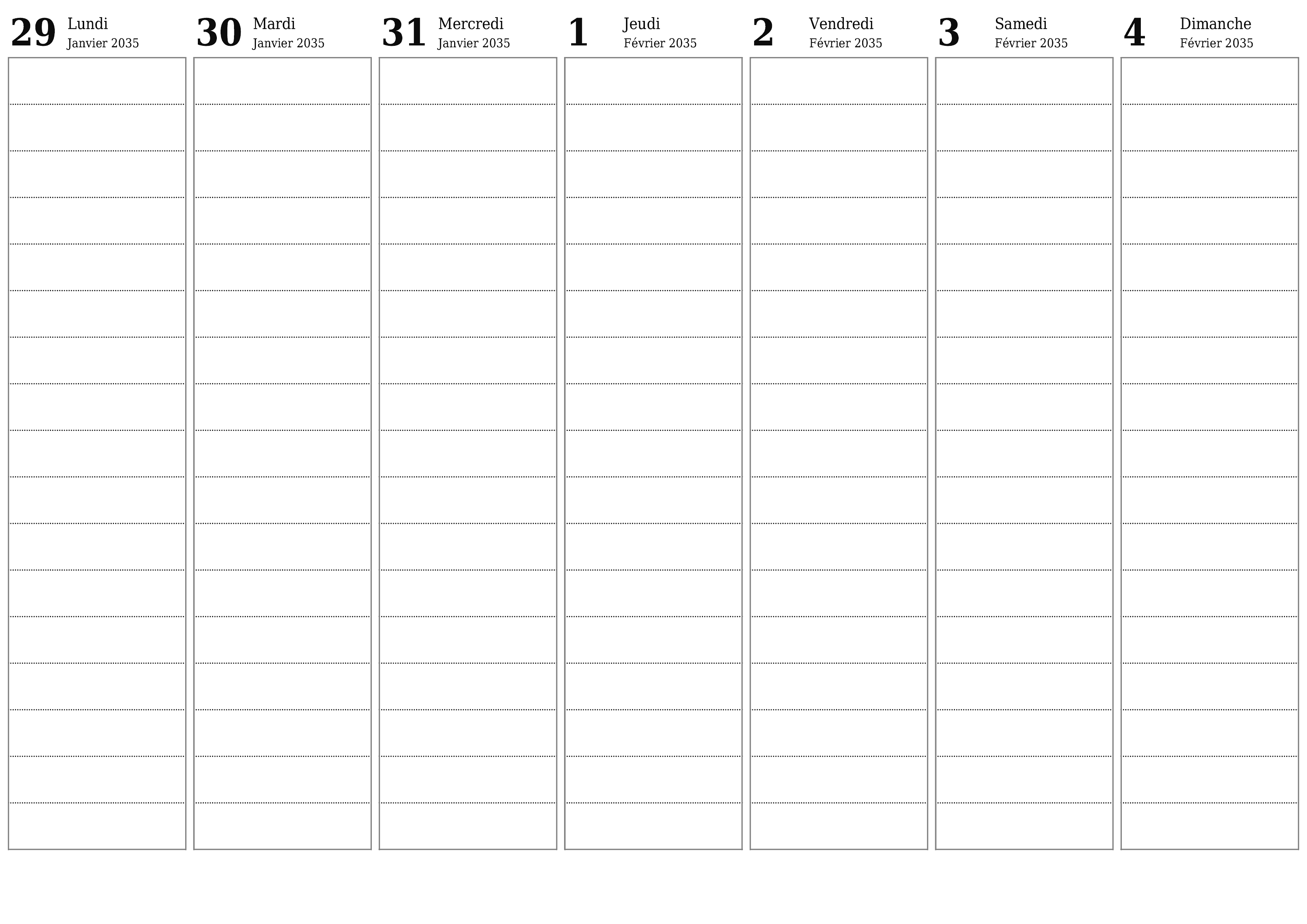 Agenda hebdomadaire vide pendant des semaines Février 2035 avec notes, enregistrez et imprimez au format PDF PNG French