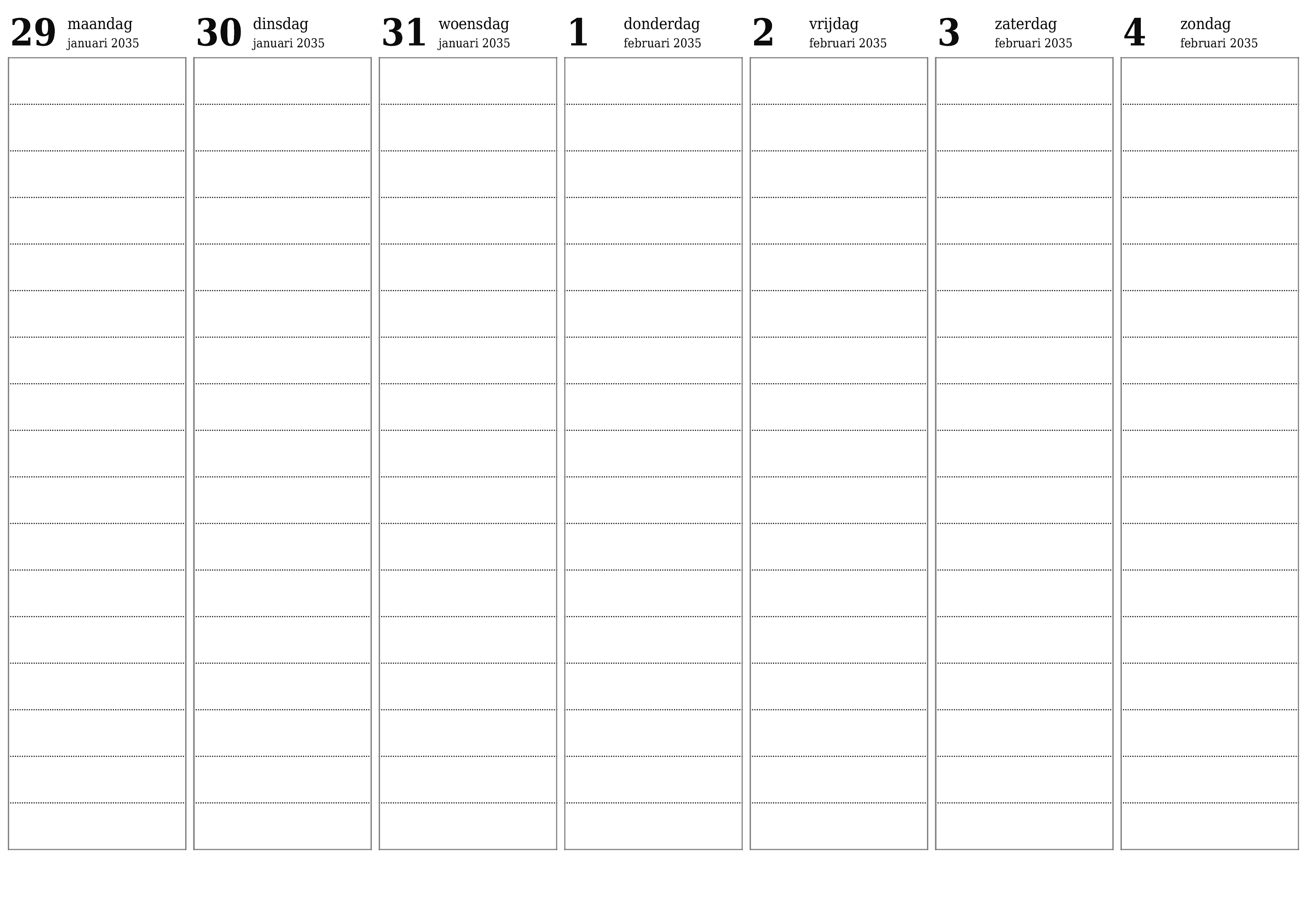 Lege weekplanner voor weken februari 2035 met notities, opslaan en afdrukken naar pdf PNG Dutch