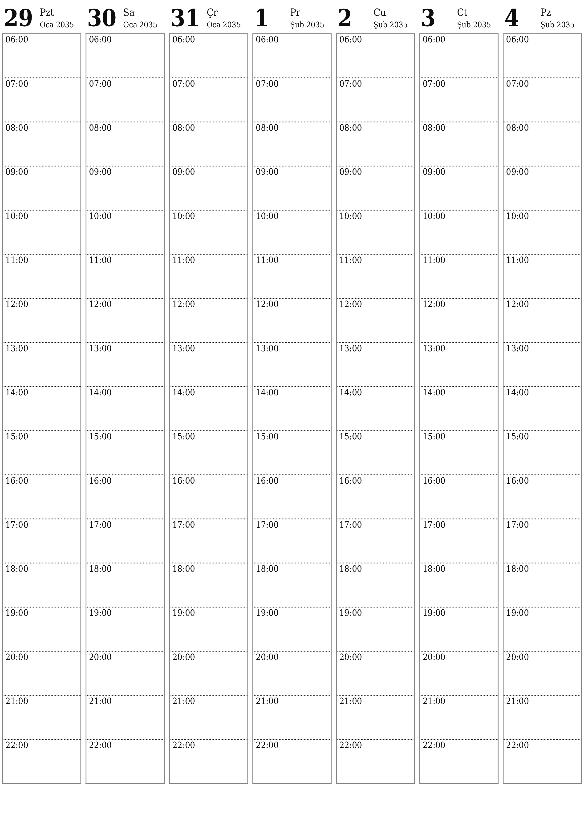 Haftalar için notlarla boş haftalık planlayıcı Şubat 2035, kaydedin ve PDF'ye yazdırın PNG Turkish