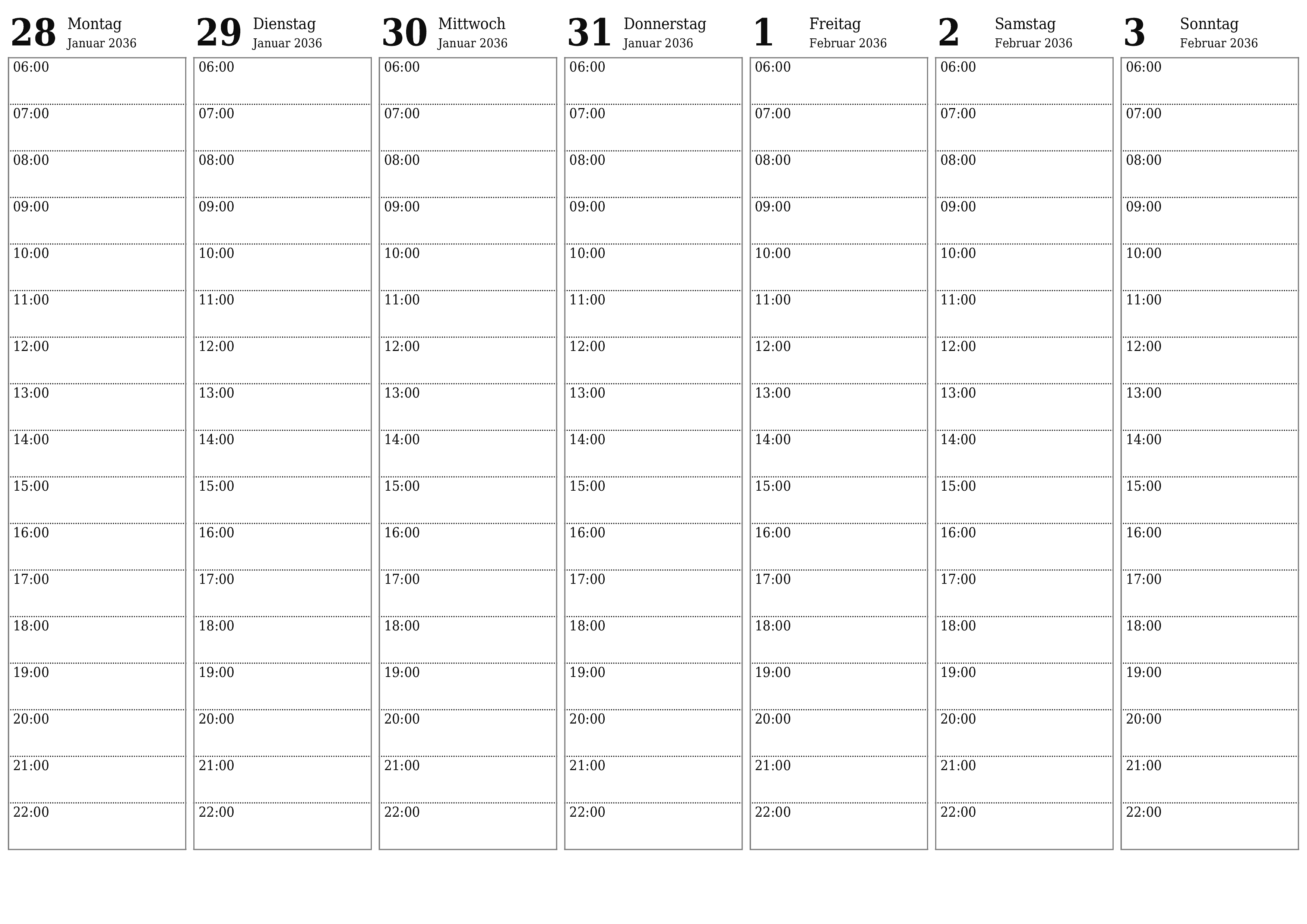 Wochenplaner für Wochen Februar 2036 mit Notizen leeren, speichern und als PDF drucken PNG German