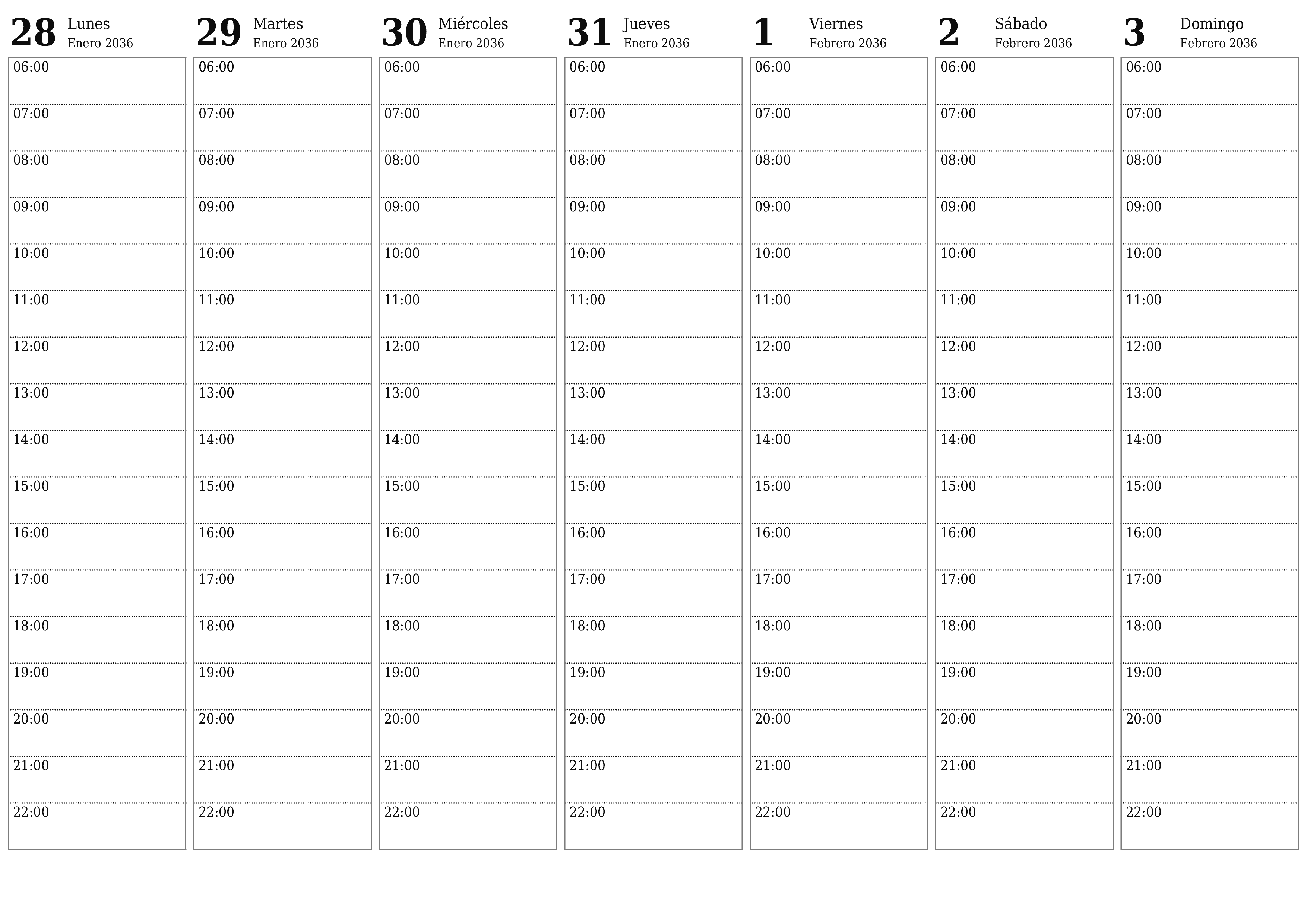 Planificador semanal vacío para semanas Febrero 2036 con notas, guardar e imprimir en PDF PNG Spanish