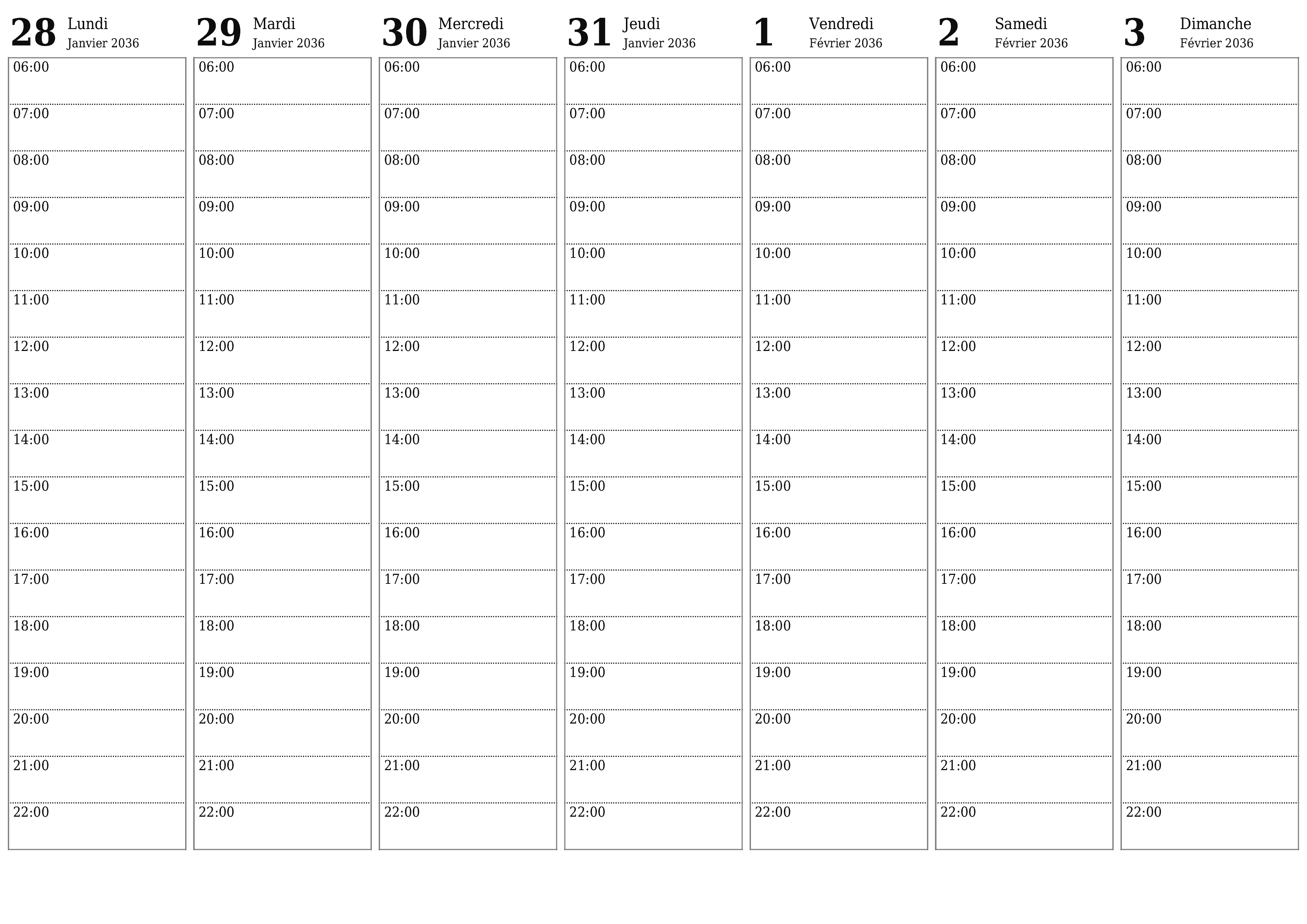Agenda hebdomadaire vide pendant des semaines Février 2036 avec notes, enregistrez et imprimez au format PDF PNG French